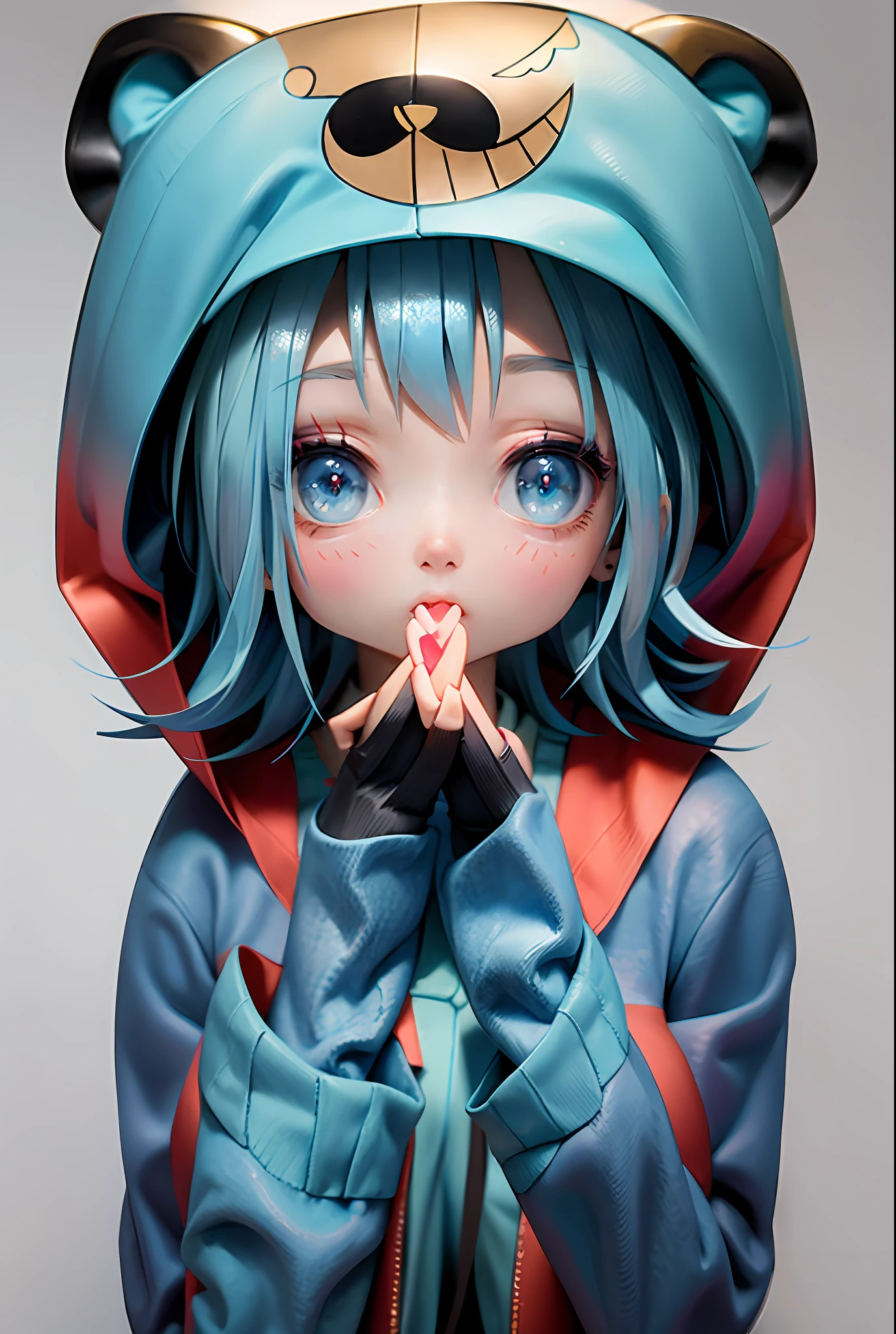 Masterpiece, best quality, official art, 8k wallpaper, very detailed, illustration, 1 girl, sky blue hair, hooded sweatshirt, bear motif on hat