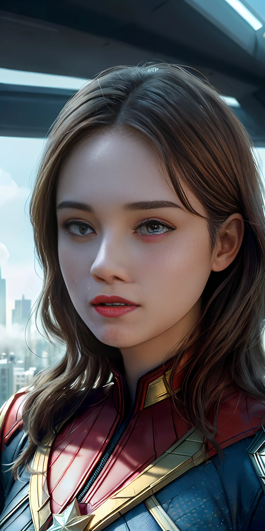 (1girl:1.3), Solo, (((Very detailed face)))), ((Very detailed eyes and face)))), Beautiful detail eyes, Body parts__, Official art, Unified 8k wallpaper, Super detailed, beautiful and beautiful, beautiful, masterpiece, best quality, original, masterpiece, super fine photo, best quality, super high resolution, realistic realism, sunlight, full body portrait, amazing beauty, dynamic pose, delicate face, vibrant eyes, (from the front), She wears Captain-marvel suit, red and black color scheme, very detailed city roof background, rooftop, overlooking the city, detailed face, detailed complex busy background, messy, gorgeous, milky white, highly detailed skin, realistic skin details, visible pores, clear focus, volumetric fog, 8k uhd, DSLR, high quality, film grain, fair skin, photo realism, lomography, futuristic dystopian megalopolis, translucent