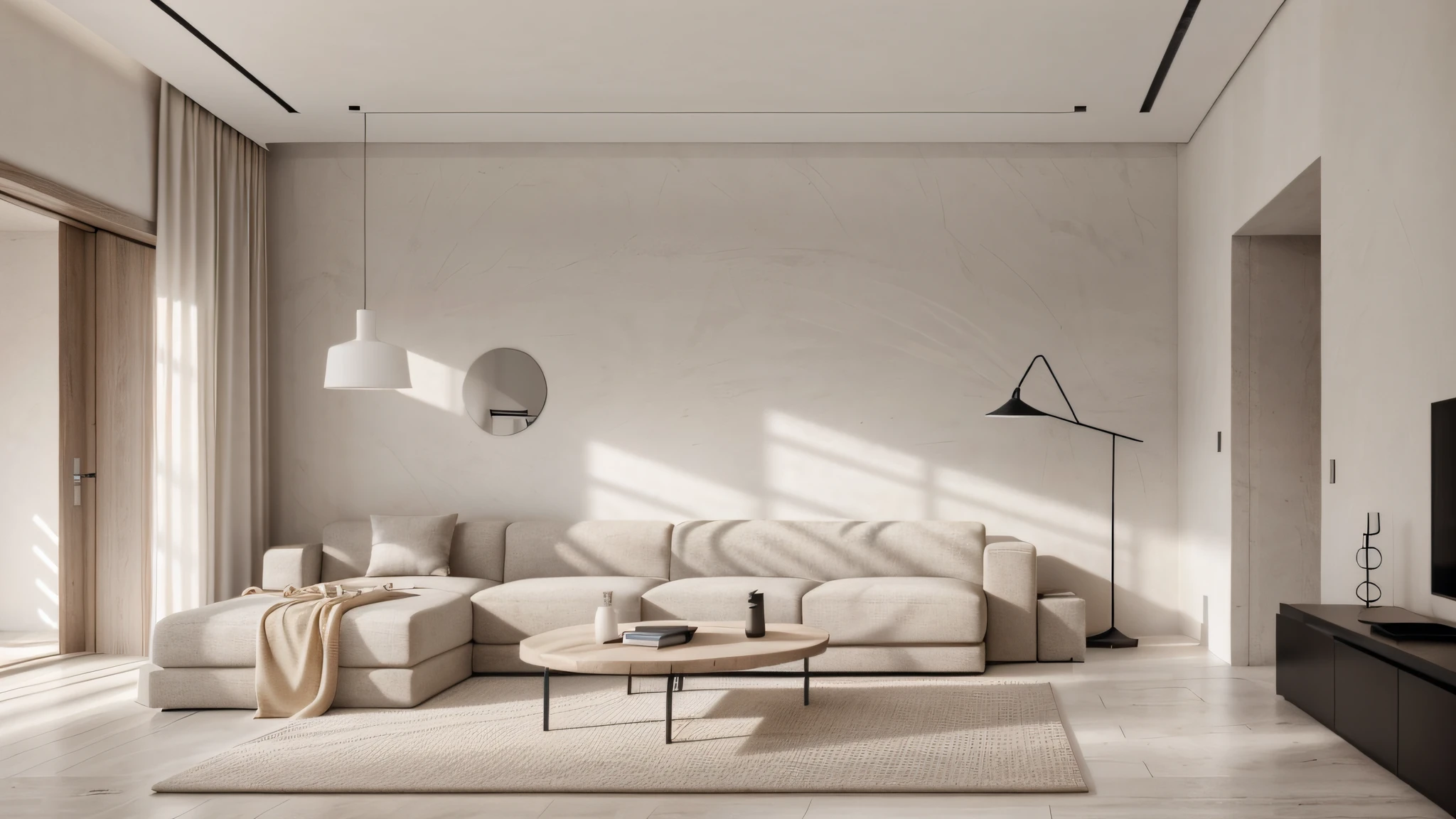 minimalist interior, living room, white walls, skin pores, skin indentation, detailed face, best shadows, best lighting, cinematic lighting, best quality, luminous eyes, ambient warm light, warm tones,
