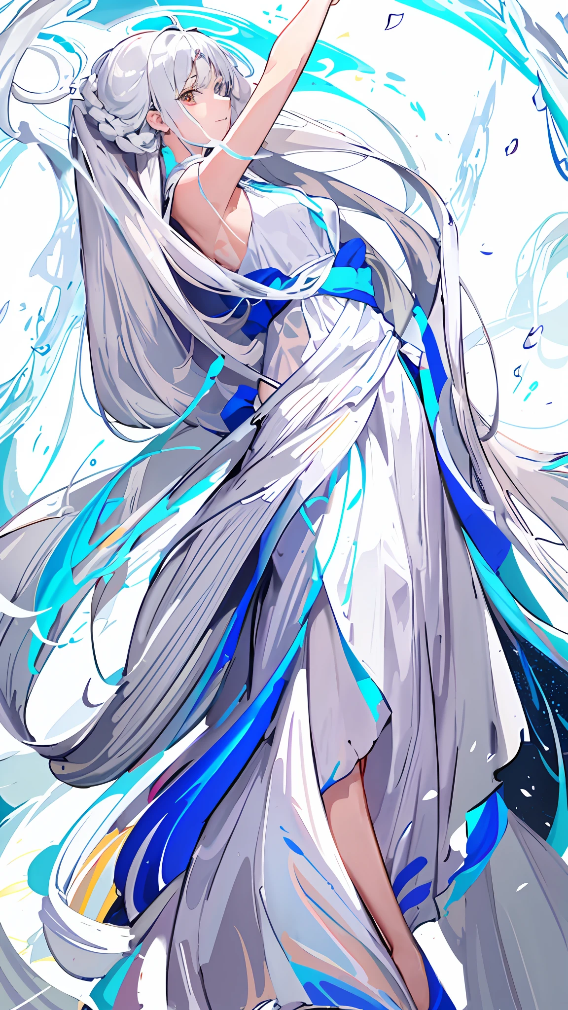 a drawing of a woman in a long dress with a fan, flowing white robes, flowing hair and long robes, flowing dress, flowing magical robe, wearing a flowing dress, flowing fabric, silk flowing in wind, flowing robes, draped in flowing fabric, flowing white hair, flowing gown, flowing material, clean anime outlines, flowing cape, flowing robe, intense line art