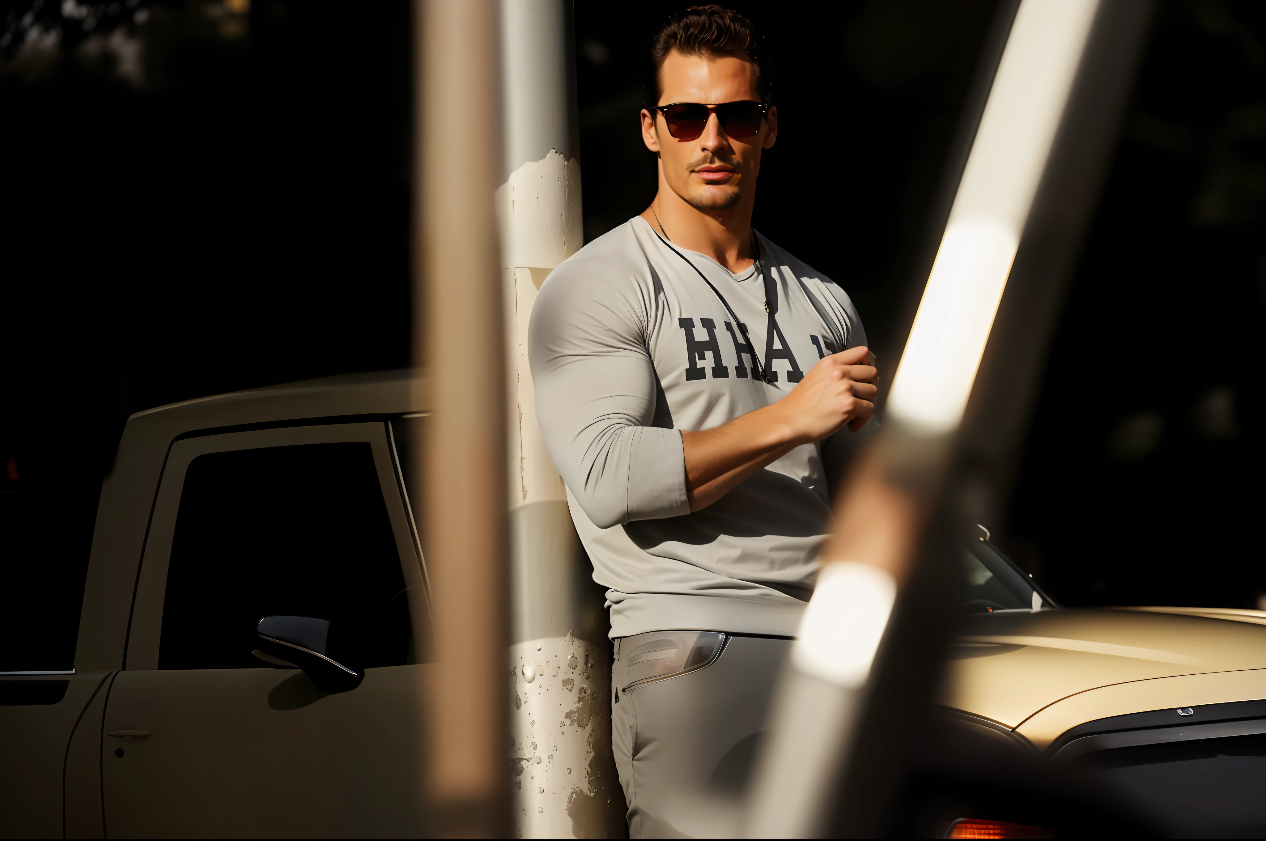 There is a man standing next to a pole with a car in the background, handsome man, beautiful man, attractive man, photo shoot, with sunglasses, street pictures, looks hot, high quality images, promotional pictures, with sunglasses, Sasha Schneider, editorial photography, advertising photos, David Gandy, profile shoot, photo shooting, looks cool, on the street, super, masterpiece, super high resolution, background detailed, realistic