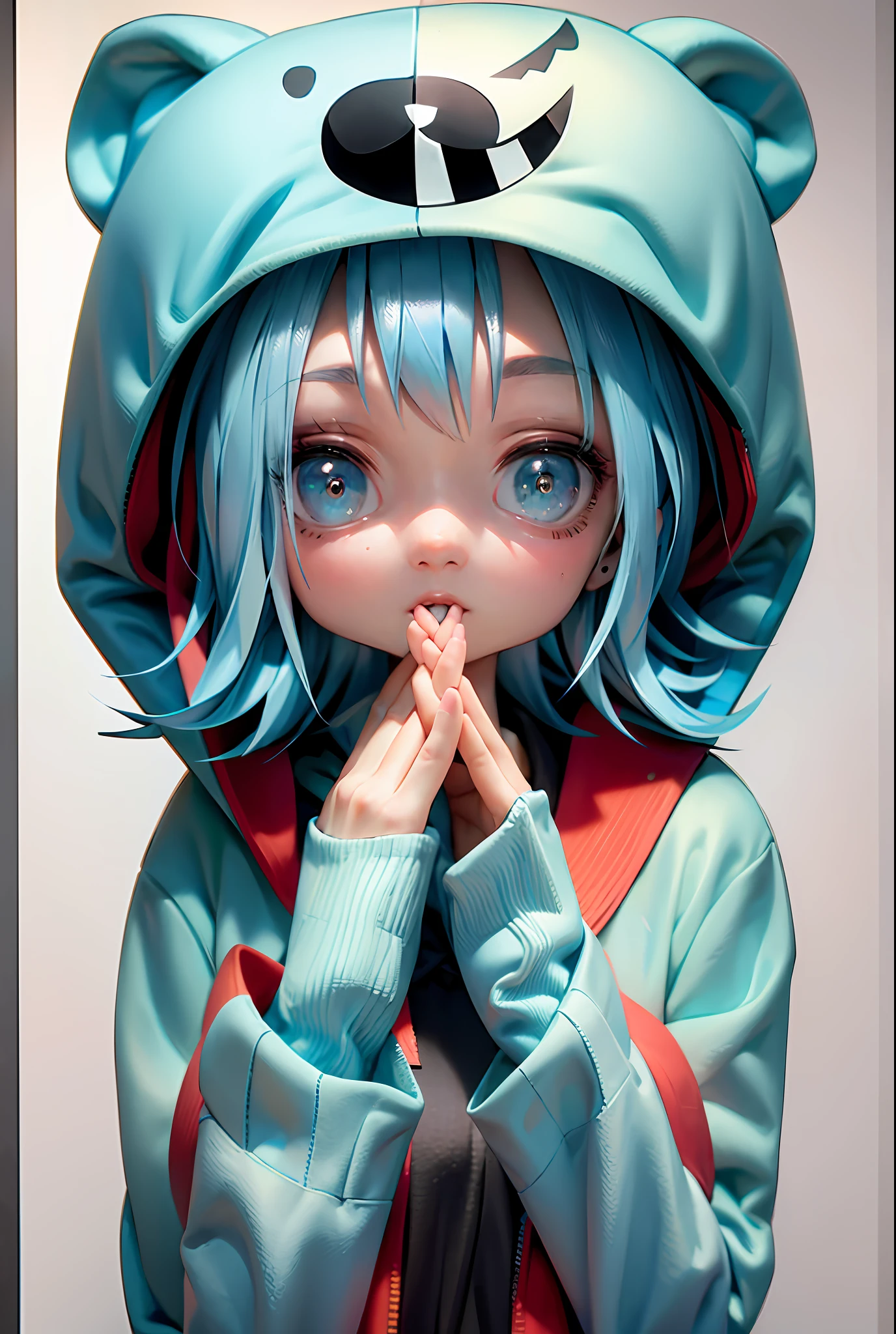 Masterpiece, best quality, official art, 8k wallpaper, very detailed, illustration, 1 girl, sky blue hair, hooded sweatshirt, bear motif on hat