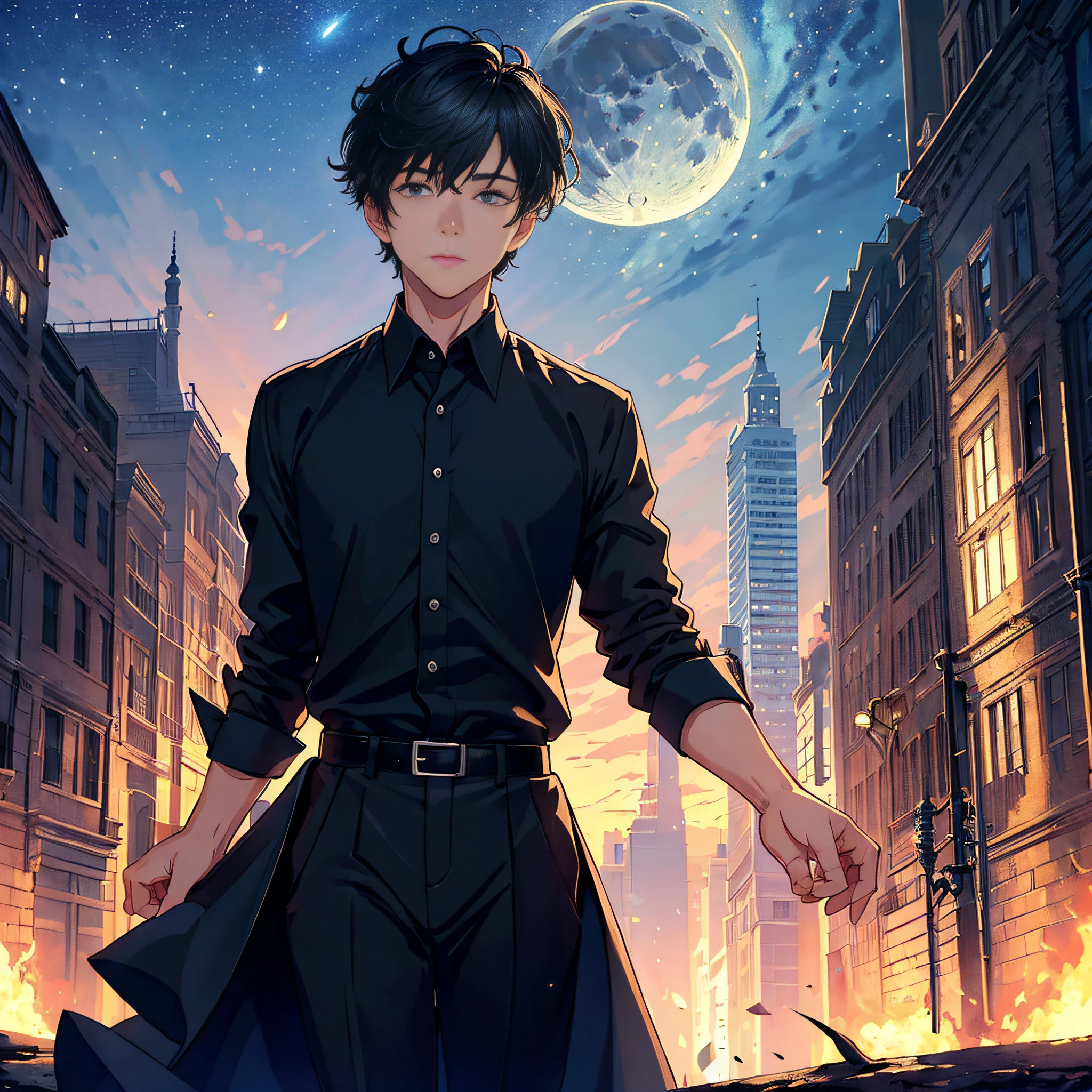 (masterpiece:1.5), (ultra-detailed), (extremely detailed CG, ultra-detailed, best shadow:1.1), 1boy, solo, night sky, outdoors, moon, stars, short hair, (navy hair), (black dress shirt), extremely detailed eyes, looking at viewer, shadow on face, mysterious, hyper detailed, texture, detail, realism, depth, perspective, special effects, composition, scale, foreground, middle ground, background, perspective, light, color, texture, detail, beauty, wonder, mature young man, city