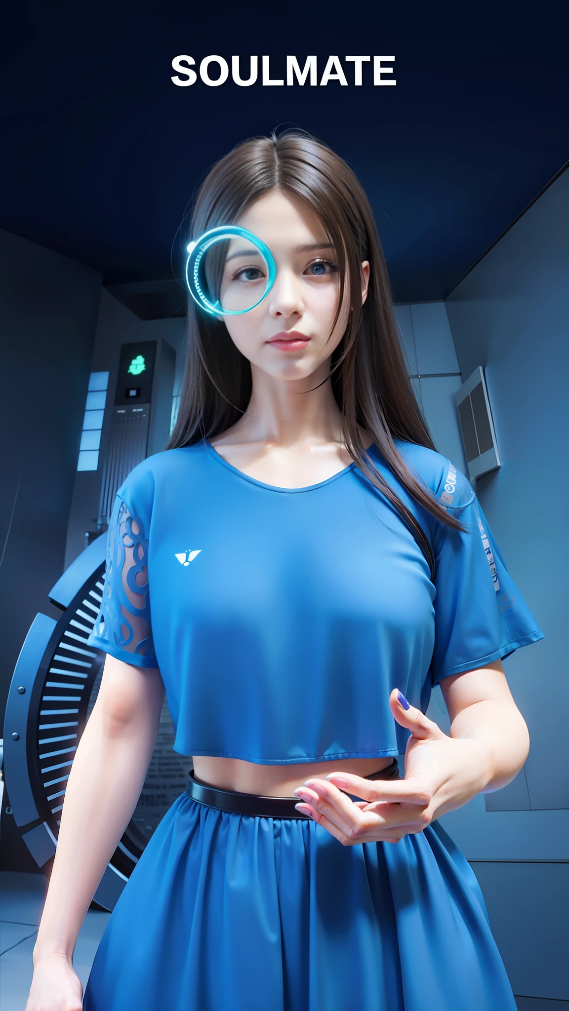a close up of a person in a blue dress with a clock in the background, perfect android girl, humachine humanized experiment, beautiful android woman, perfect android girl family, cute cyborg girl, beautiful female android, integrated synthetic android, beautiful female android!, cyborg girl, beutiful girl cyborg, oppai cyberpunk, cyber school girl, realistic anime 3 d style --auto --s2