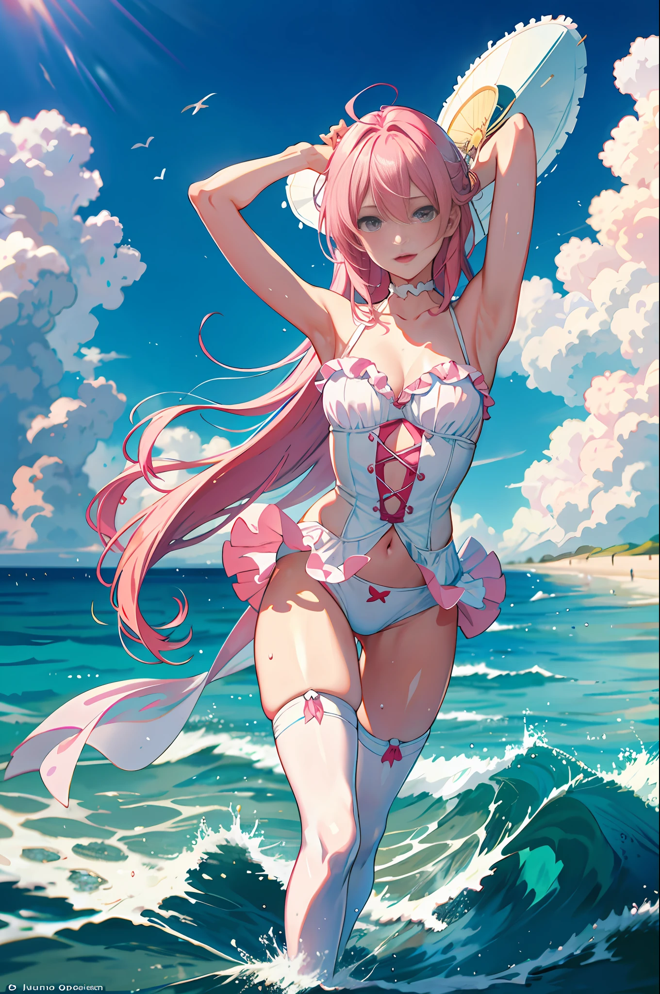 Ace, 4k, high resolution, masterpiece, best quality, model, standing in the water, seaside, sky, pretty, pink hair, turn a blind eye, splash, white stockings, splash