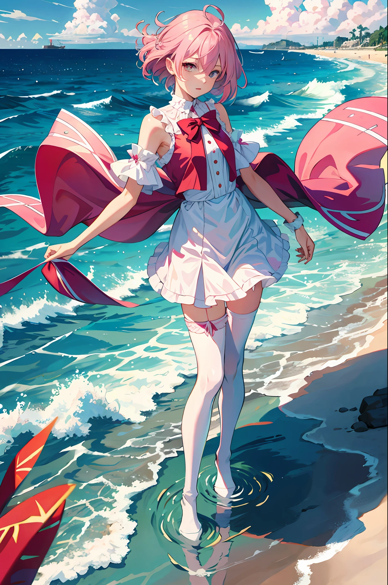 Ace, 4k, high resolution, masterpiece, best quality, model, standing in the water, seaside, sky, pretty, pink hair, turn a blind eye, splash, white stockings, splash