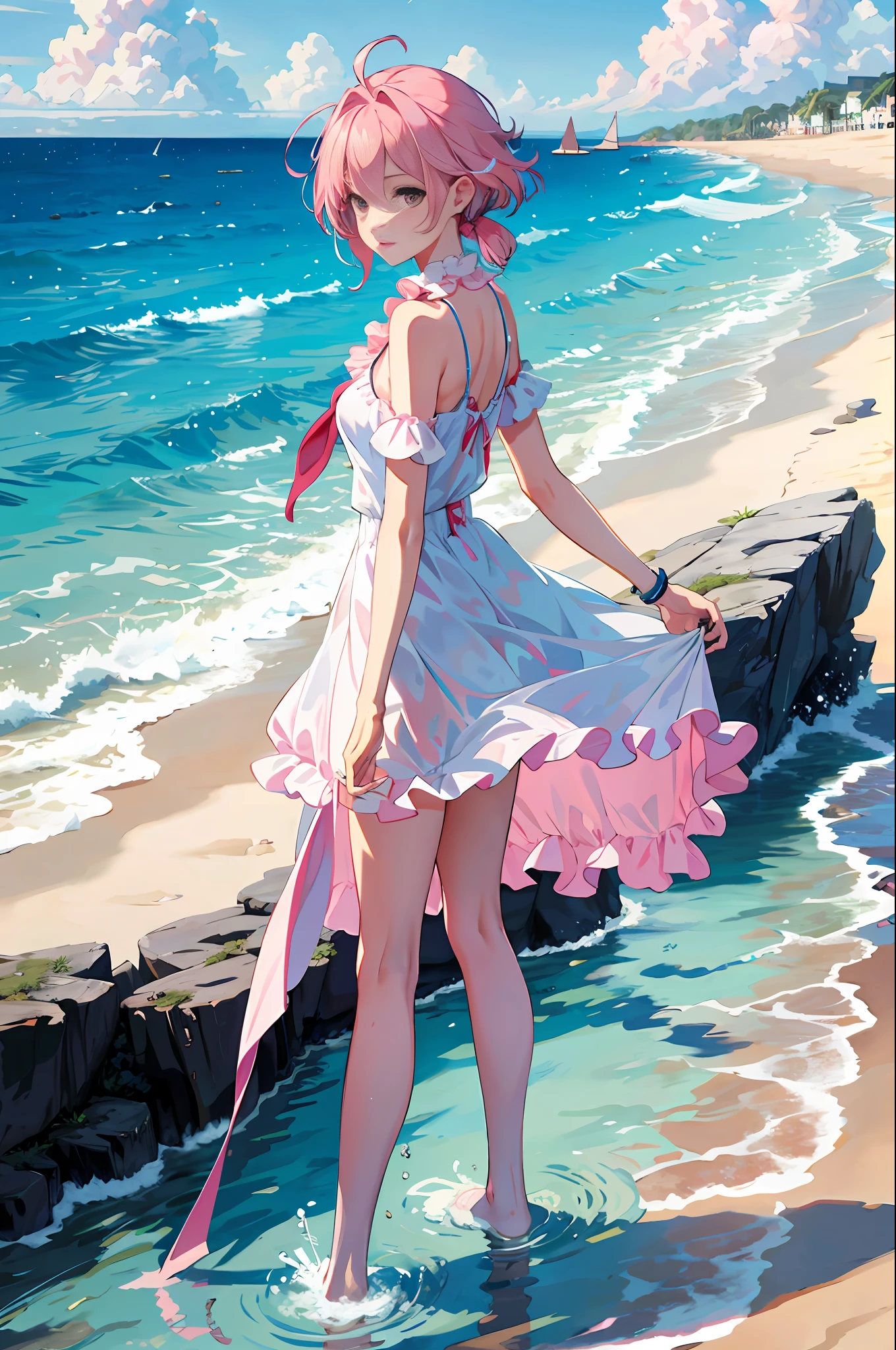 Ace, 4k, high resolution, masterpiece, best quality, model, standing in the water, seaside, sky, pretty, pink hair, turn a blind eye, splash, white stockings, splash
