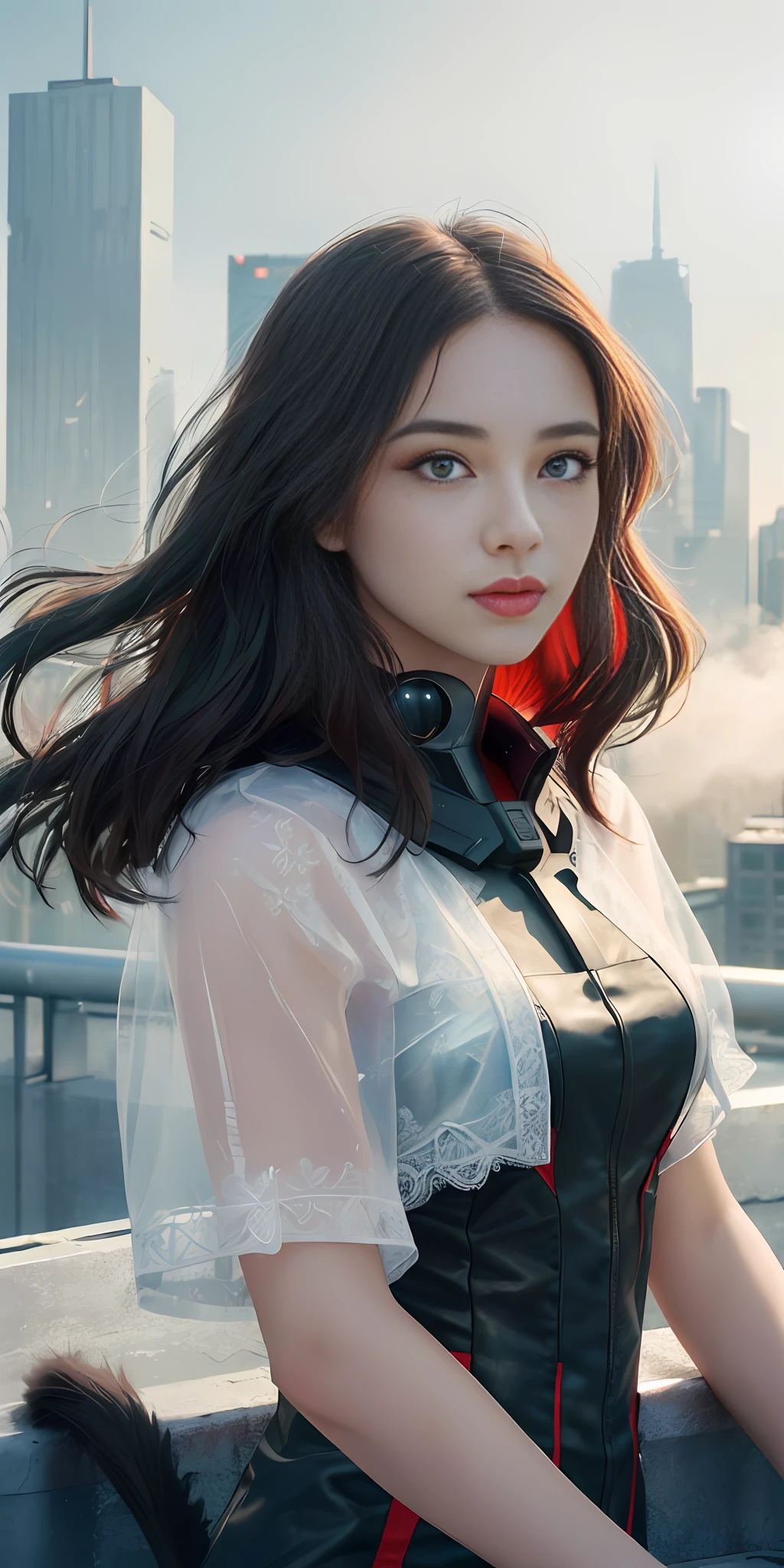 (1girl:1.3), Solo, (((Very detailed face)))), ((Very detailed eyes and face)))), Beautiful detail eyes, Body parts__, Official art, Unified 8k wallpaper, Super detailed, beautiful and beautiful, beautiful, masterpiece, best quality, original, masterpiece, super fine photo, best quality, super high resolution, realistic realism, sunlight, full body portrait, amazing beauty, dynamic pose, delicate face, vibrant eyes, (from the front), She wears Cat-Women suit, red and black color scheme, very detailed city roof background, rooftop, overlooking the city, detailed face, detailed complex busy background, messy, gorgeous, milky white, highly detailed skin, realistic skin details, visible pores, clear focus, volumetric fog, 8k uhd, DSLR, high quality, film grain, fair skin, photo realism, lomography, futuristic dystopian megalopolis, translucent