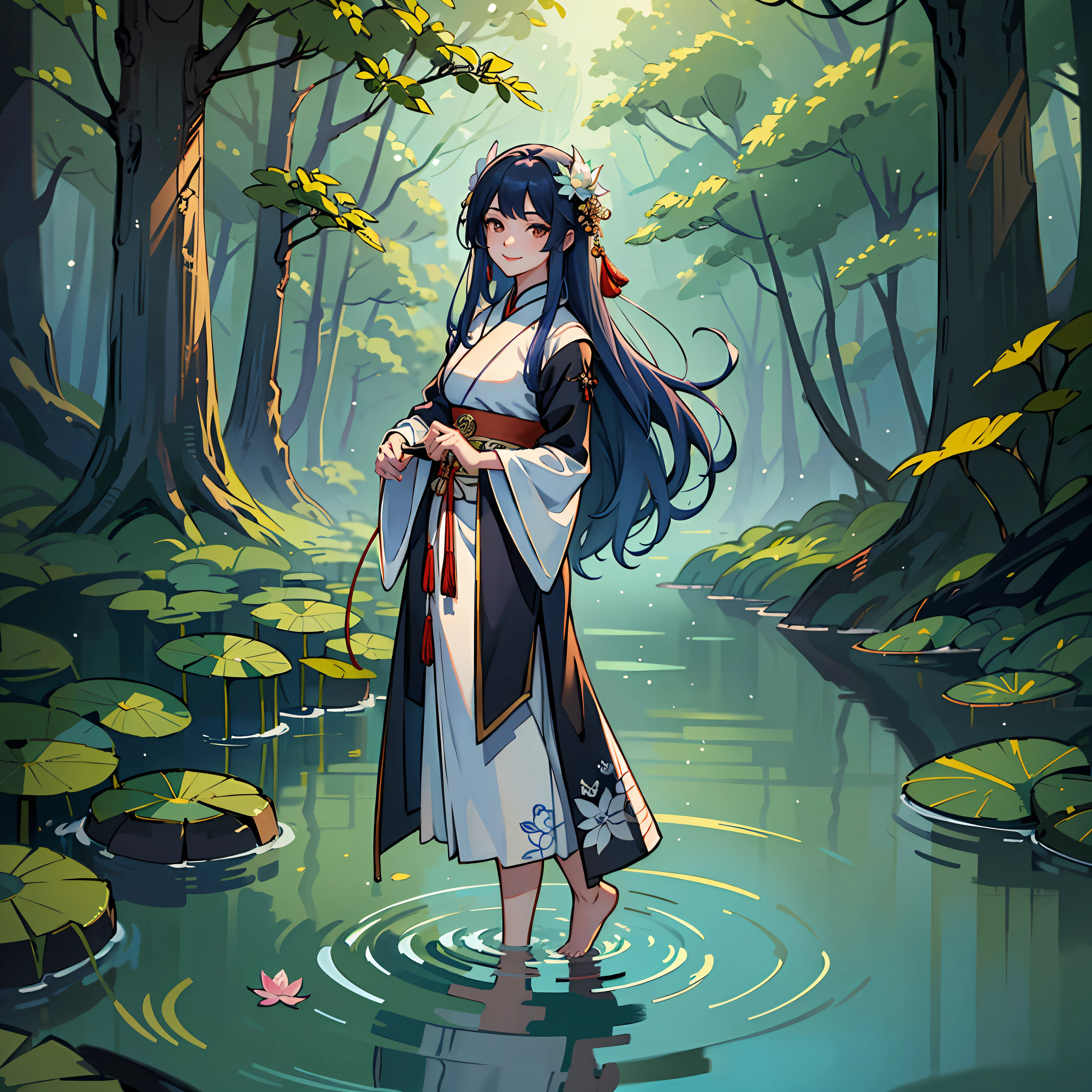 ((4k,masterpiece,best quality)), shuimobysim, traditional chinese ink painting, lotus, hanfu, maxiskit, dress conservatively 1girl, solo, long blue hair, smile, standing, feet in the water, barefoot, --auto --s2