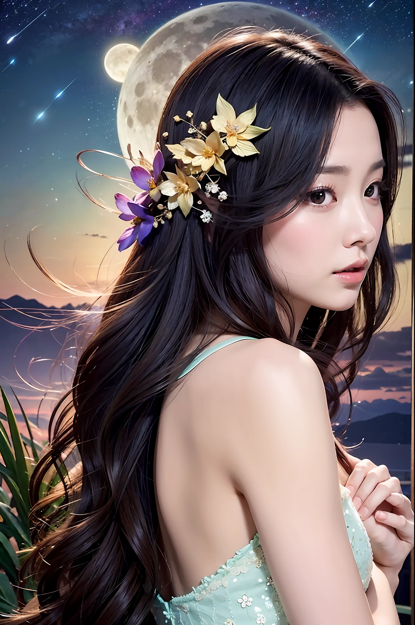 杰作,最高质量,独奏,(完美脸:1.1),(高细节:1.1),戏剧性,动态姿势,1girl,黑发,明亮有神美丽眼睛,独奏,精致有特色的俏脸,长发,弯曲,大腿,纤细高挑身材,粉嫩嘴唇,The Chinese cartoon goddess is depicted in a flowing nightdress, her long hair cascading down her back. She leans against the windowsill, her delicate hand resting on the frame as she gazes out at the night sky. The moon is full and bright, casting a soft glow over the scene. The goddess’s expression is one of serenity and contemplation as she takes in the beauty of the night. The scene is peaceful and serene, with the goddess appearing to be lost in thought as she watches the moon.