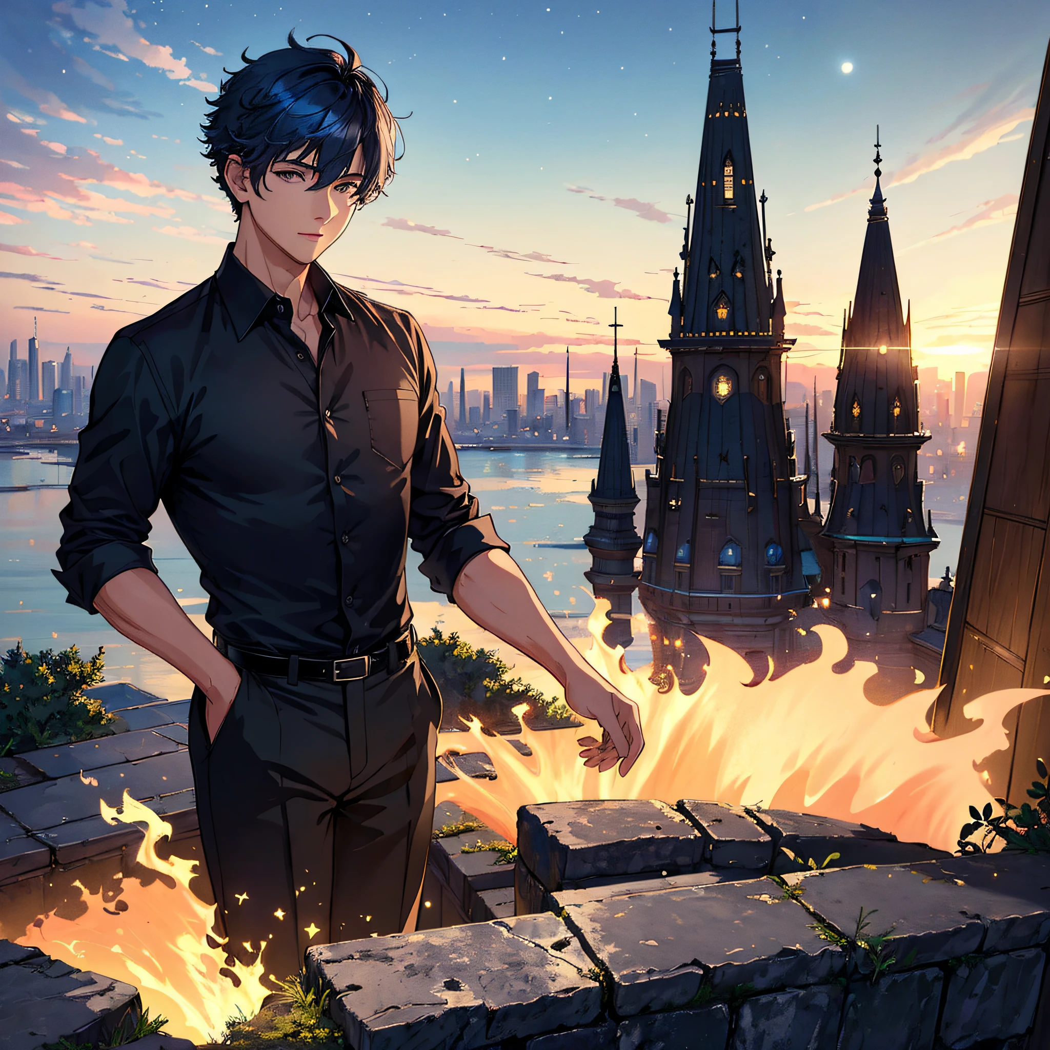 (masterpiece:1.5), (ultra-detailed), (extremely detailed CG, ultra-detailed, best shadow:1.1), 1boy, solo, night sky, outdoors, moon, stars, clouds, wind, short hair, (blue hair), dress shirt, (black shirt), extremely detailed eyes, shadow on face, looking at viewer, mysterious, hyper detailed, texture, detail, realism, depth, perspective, special effects, composition, scale, foreground, middle ground, background, perspective, light, color, texture, detail, beauty, wonder, mature young man, city