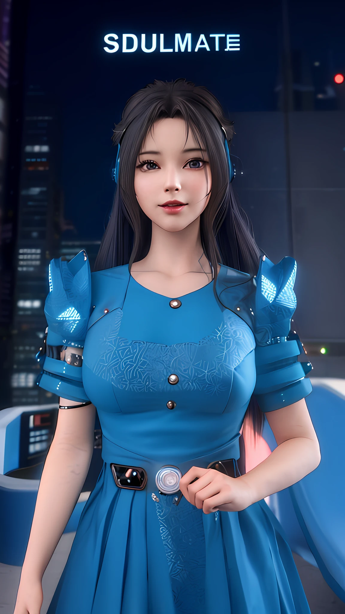 a close up of a person in a blue dress with a clock in the background, perfect android girl, humachine humanized experiment, beautiful android woman, perfect android girl family, cute cyborg girl, beautiful female android, integrated synthetic android, beautiful female android!, cyborg girl, beutiful girl cyborg, oppai cyberpunk, cyber school girl, realistic anime 3 d style --auto --s2