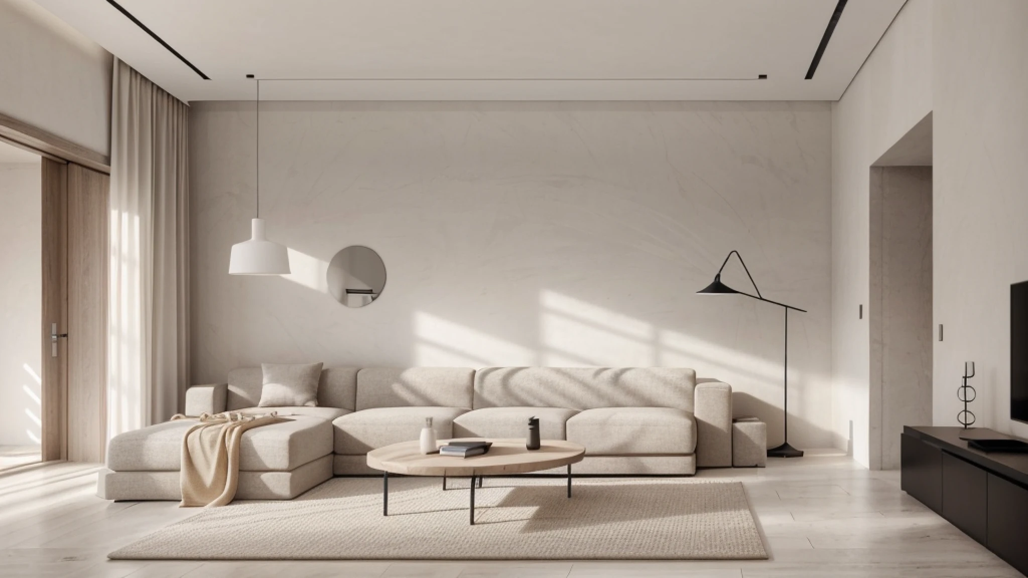 minimalist interior, living room, white walls, skin pores, skin indentation, detailed face, best shadows, best lighting, cinematic lighting, best quality, luminous eyes, ambient warm light, warm tones,