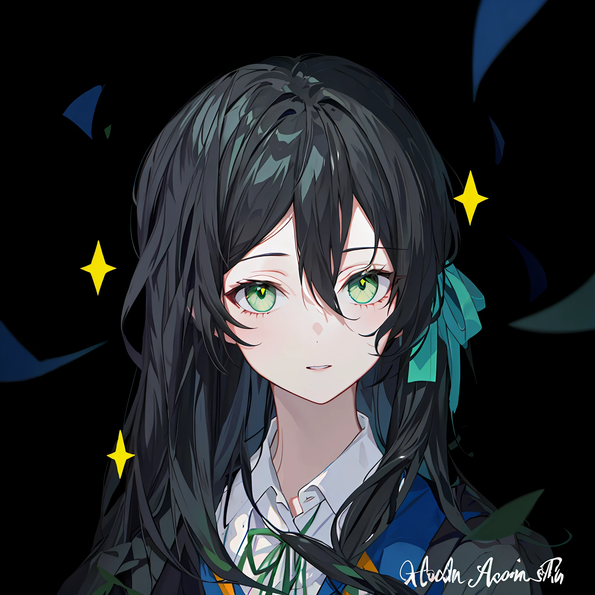 Long black hair, half of the face, green ribbon