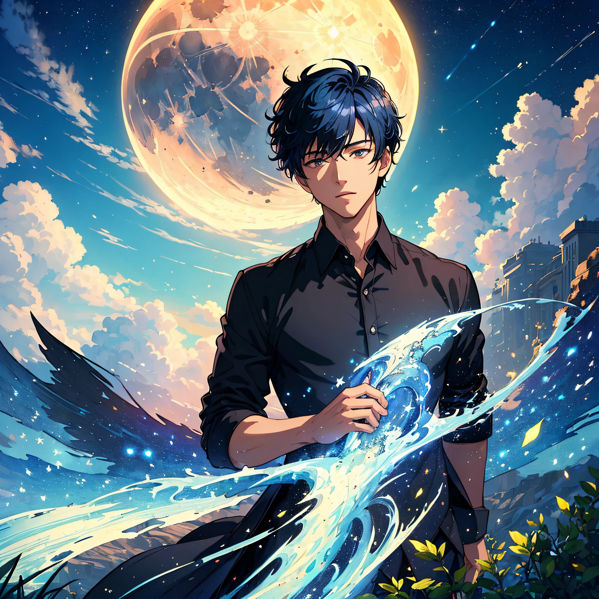 (masterpiece:1.5), (ultra-detailed), (extremely detailed CG, ultra-detailed, best shadow:1.1), 1boy, solo, night sky, outdoors, moon, stars, clouds, wind, short hair, (blue hair), dress shirt, (black shirt), extremely detailed eyes, shadow on face, looking at viewer, mysterious, hyper detailed, texture, detail, realism, depth, perspective, special effects, composition, scale, foreground, middle ground, background, perspective, light, color, texture, detail, beauty, wonder, mature young man, city