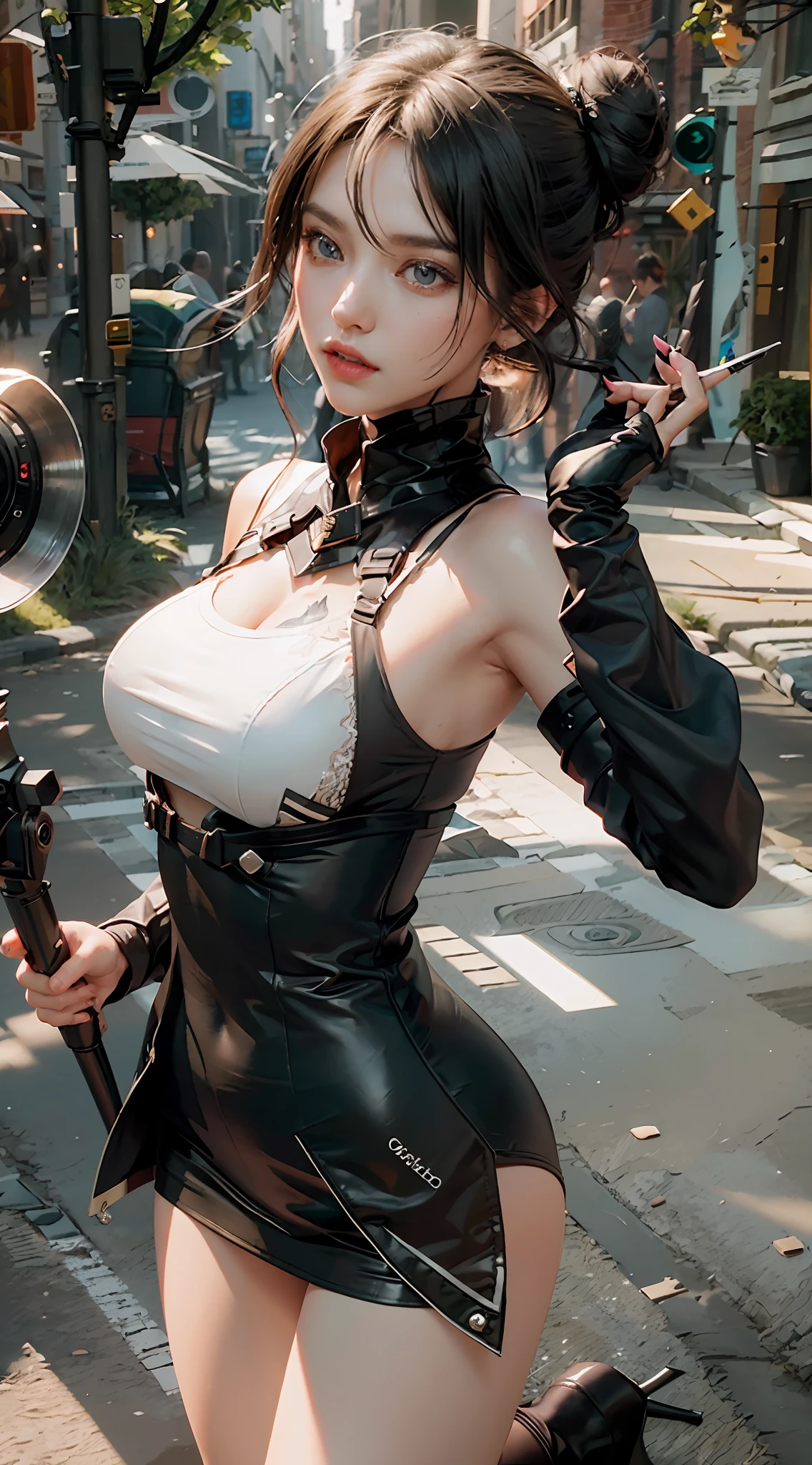 ((Best Quality)), ((Masterpiece)), (Details: 1.4), 3D, A Beautiful Modern Beauty, Extremely Normal Body Proportions, (Black Gauze Dress: 1.9), (One Bun: 1.7), (Black Stockings Legs: 1.2) (High Heels: 1.5), Manicure, HDR (High Dynamic Range), Ray Tracing, NVIDIA RTX, Super-Resolution, Unreal 5, Subsurface Scattering, PBR Textures, Post-processing, anisotropic filtering, depth of field, maximum sharpness and sharpness, multi-layer textures, albedo and highlight mapping, surface shading, accurate simulation of light-material interactions, perfect proportions, Octane Render, two-color light, large aperture, low ISO, white balance, rule of thirds, 8K RAW,