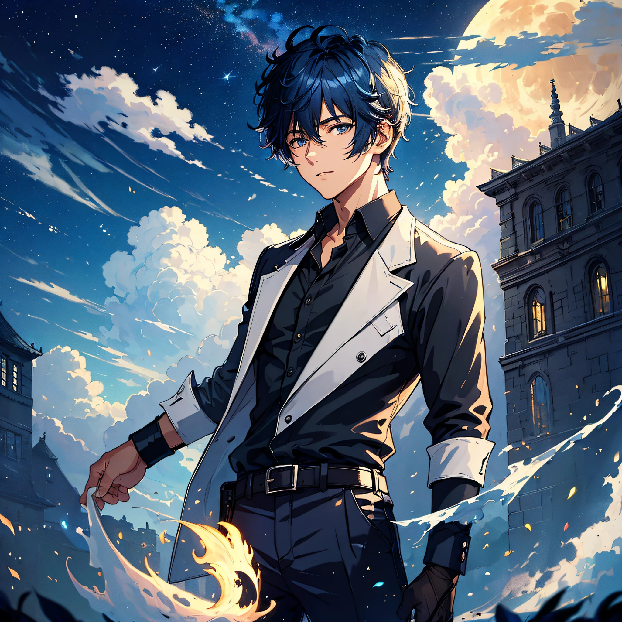 (masterpiece:1.5), (ultra-detailed), (extremely detailed CG, ultra-detailed, best shadow:1.1), 1boy, solo, night sky, outdoors, moon, stars, clouds, wind, short hair, (blue hair), dress shirt, (black shirt), extremely detailed eyes, shadow on face, looking at viewer, mysterious, hyper detailed, texture, detail, realism, depth, perspective, special effects, composition, scale, foreground, middle ground, background, perspective, light, color, texture, detail, beauty, wonder, mature young man, city
