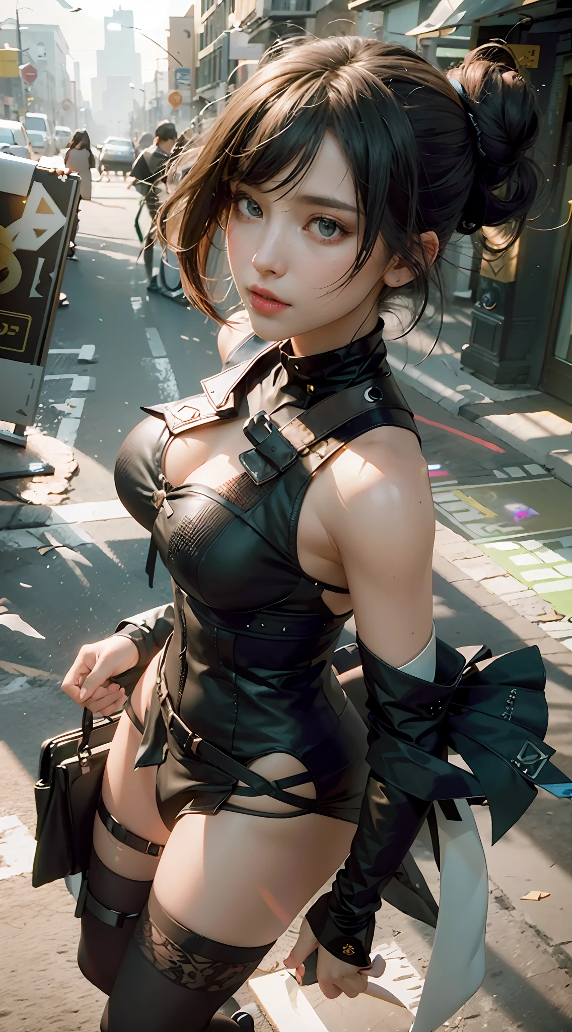 ((Best Quality)), ((Masterpiece)), (Details: 1.4), 3D, A Beautiful Modern Beauty, Extremely Normal Body Proportions, (Black Gauze Dress: 1.9), (One Bun: 1.7), (Black Stockings Legs: 1.2) (High Heels: 1.5), Manicure, HDR (High Dynamic Range), Ray Tracing, NVIDIA RTX, Super-Resolution, Unreal 5, Subsurface Scattering, PBR Textures, Post-processing, anisotropic filtering, depth of field, maximum sharpness and sharpness, multi-layer textures, albedo and highlight mapping, surface shading, accurate simulation of light-material interactions, perfect proportions, Octane Render, two-color light, large aperture, low ISO, white balance, rule of thirds, 8K RAW,