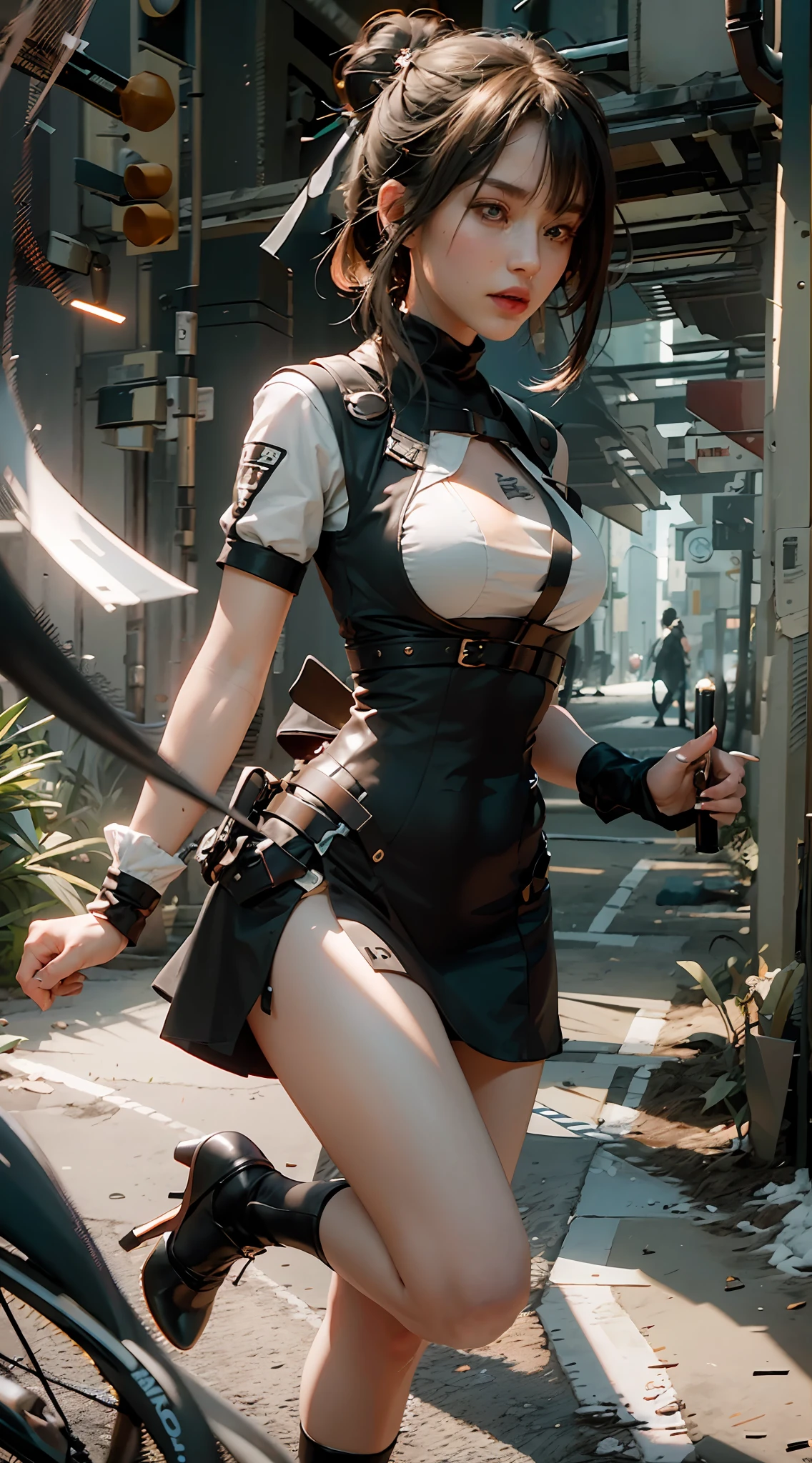((Best Quality)), ((Masterpiece)), (Details: 1.4), 3D, A Beautiful Modern Beauty, Extremely Normal Body Proportions, (Black Gauze Dress: 1.9), (One Bun: 1.7), (Black Stockings Legs: 1.2) (High Heels: 1.5), Manicure, HDR (High Dynamic Range), Ray Tracing, NVIDIA RTX, Super-Resolution, Unreal 5, Subsurface Scattering, PBR Textures, Post-processing, anisotropic filtering, depth of field, maximum sharpness and sharpness, multi-layer textures, albedo and highlight mapping, surface shading, accurate simulation of light-material interactions, perfect proportions, Octane Render, two-color light, large aperture, low ISO, white balance, rule of thirds, 8K RAW,