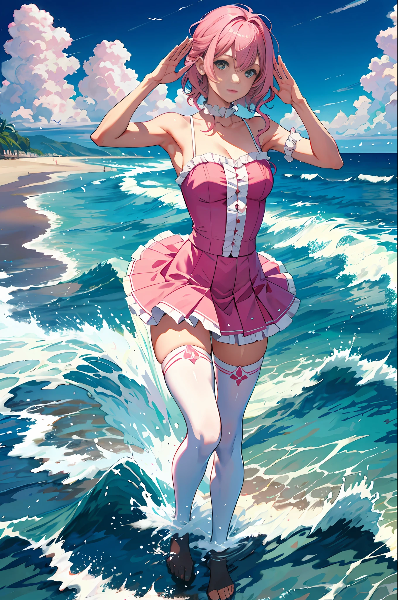 Ace, 4k, high resolution, masterpiece, best quality, model, standing in the water, seaside, sky, pretty, pink hair, turn a blind eye, waves, white stockings, waves, salute