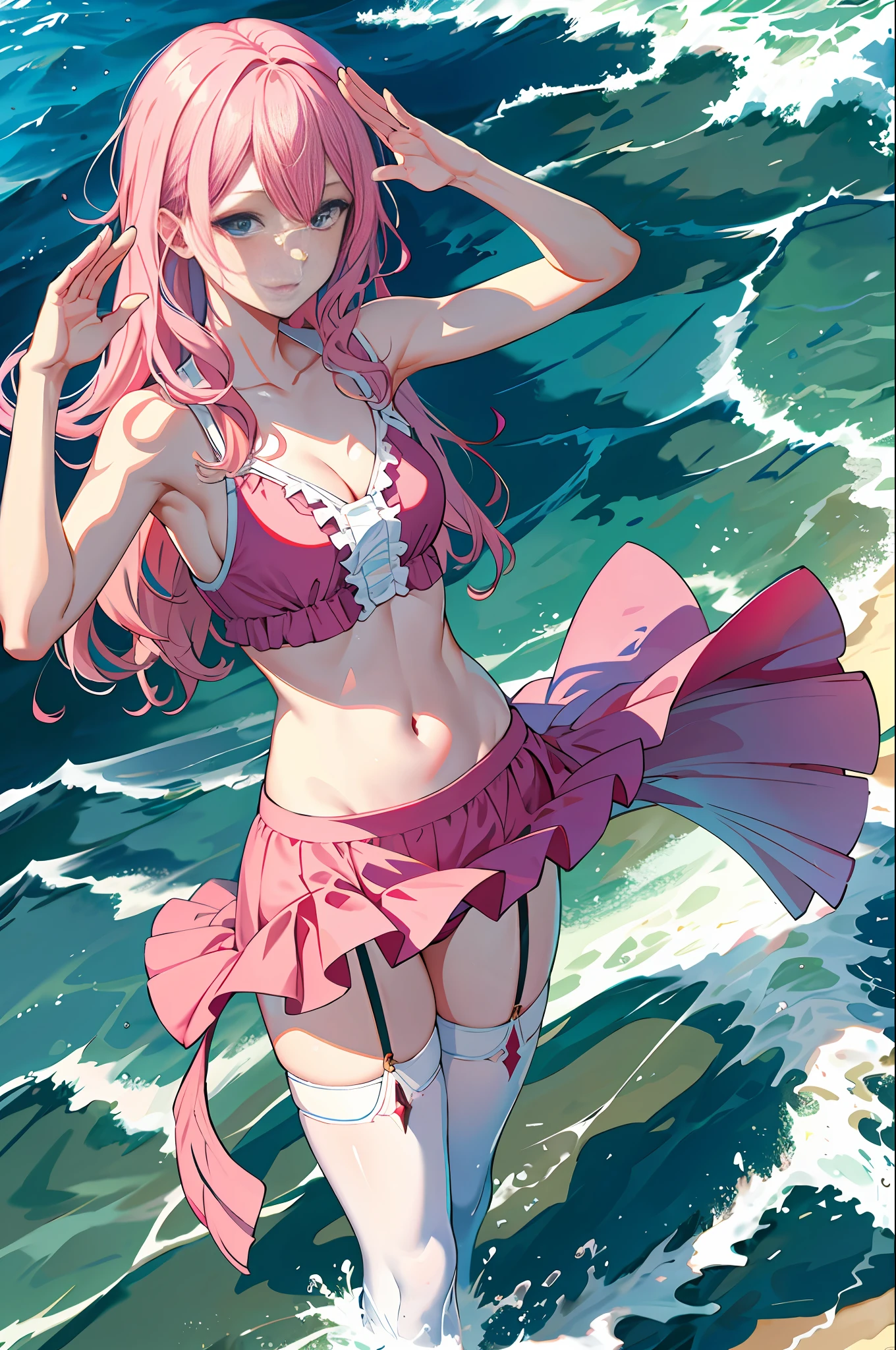 Ace, 4k, high resolution, masterpiece, best quality, model, standing in the water, seaside, sky, pretty, pink hair, turn a blind eye, waves, white stockings, waves, salute