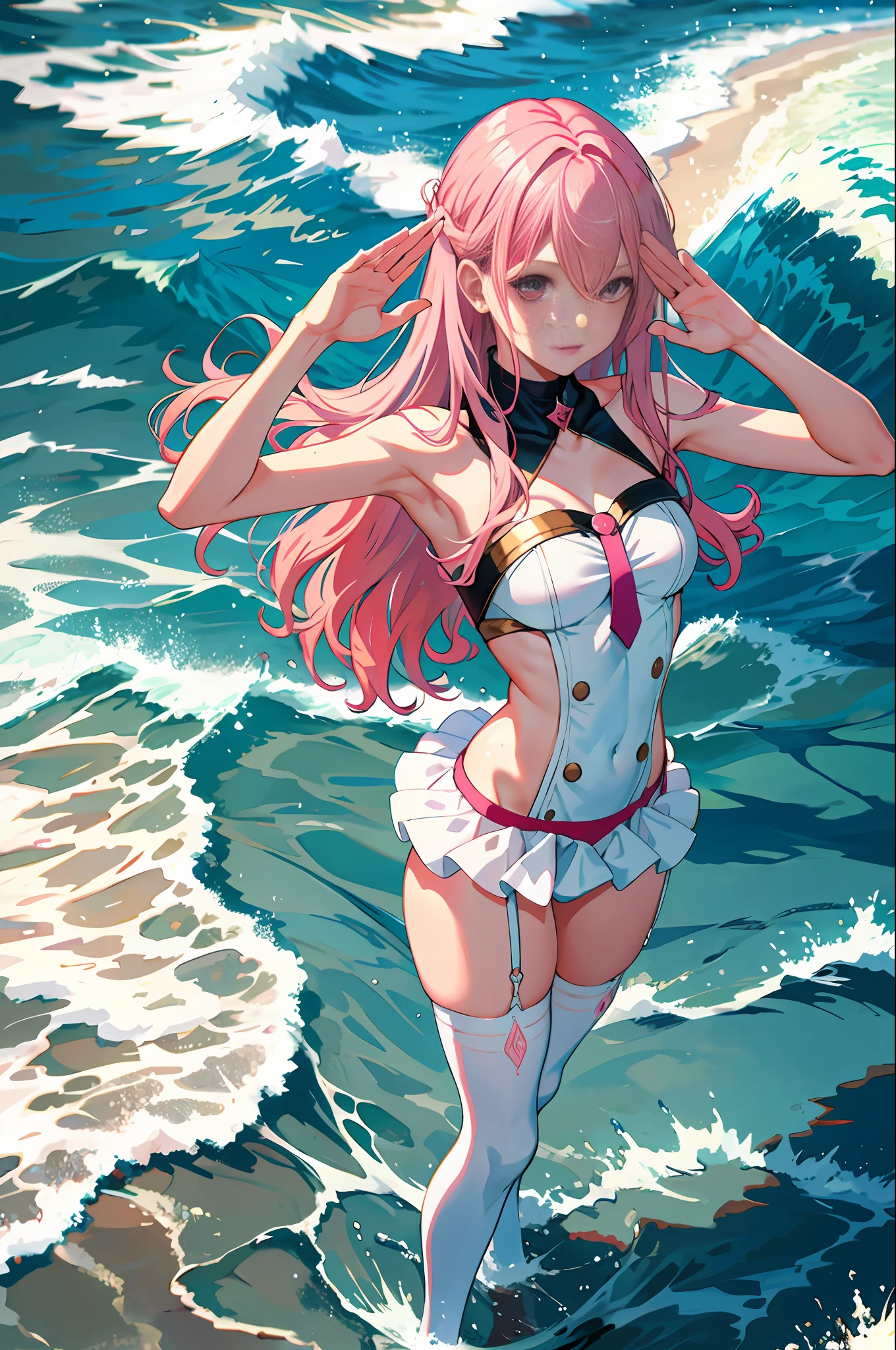Ace, 4k, high resolution, masterpiece, best quality, model, standing in the water, seaside, sky, pretty, pink hair, turn a blind eye, waves, white stockings, waves, salute