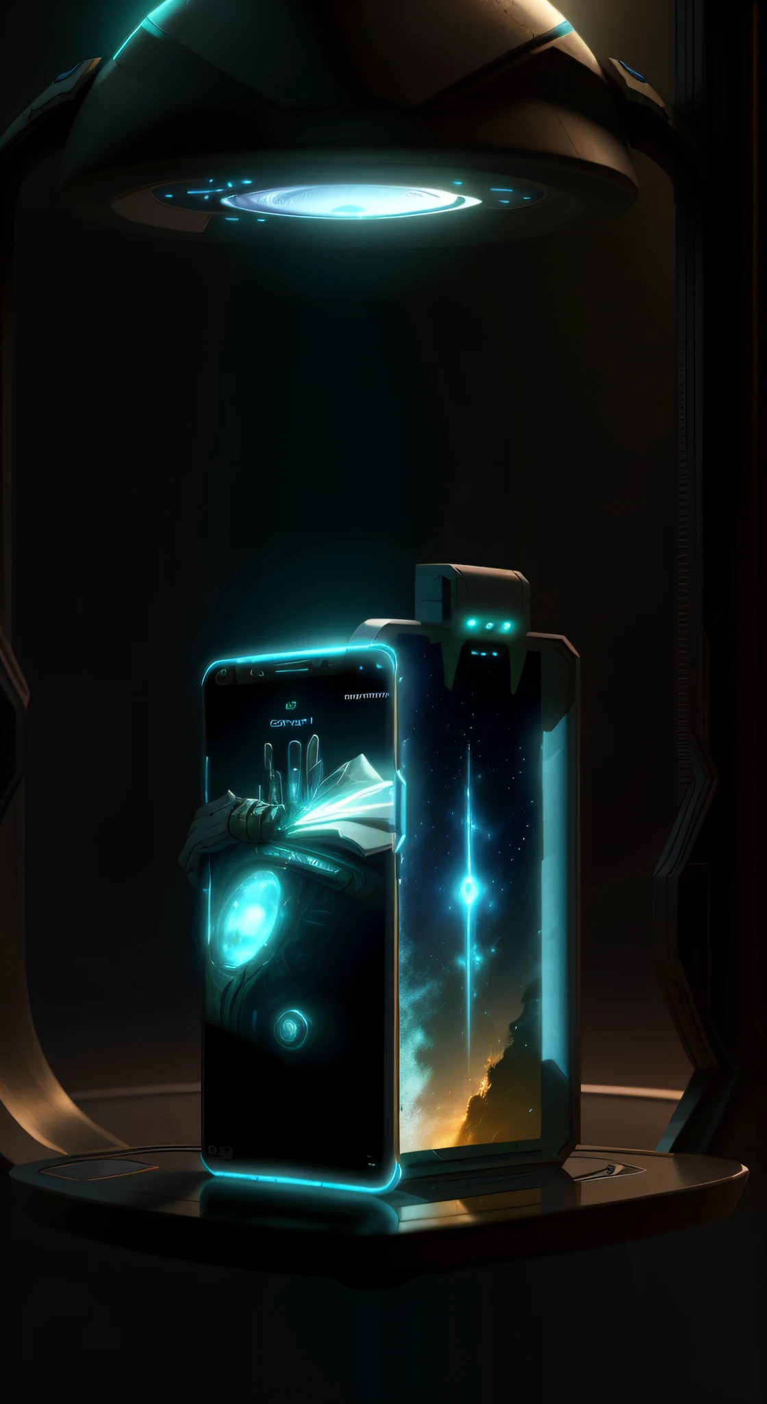 Cell phone, ProtossAI, no man, tech, close-up, sci-fi scenes