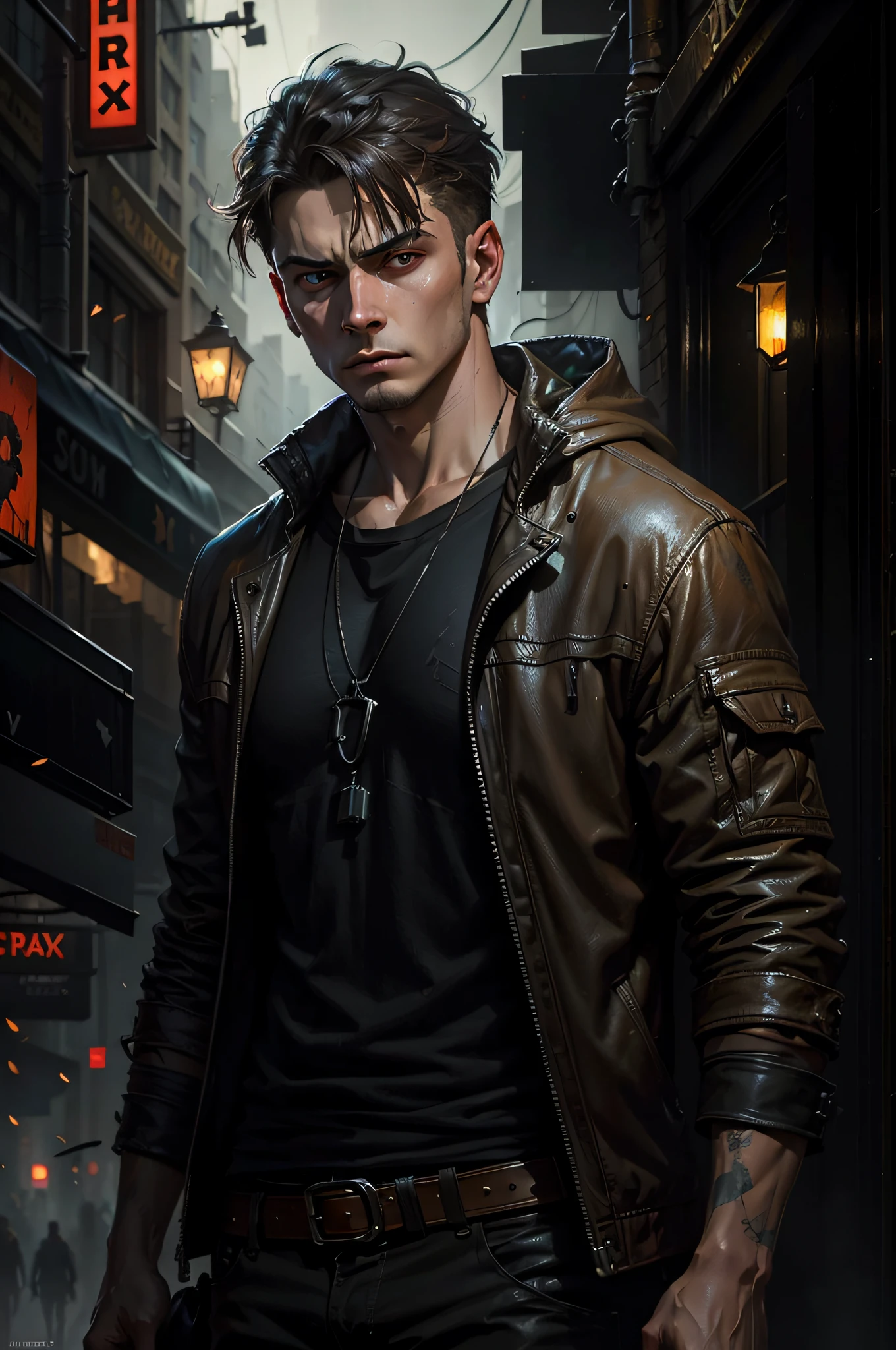 Jeremy Mann, realistic, male, (color), post-production, intricate, (radiosity), dark red eyes, (highest quality), neon city background, gloomy, depressed, dim, A close-up of a somewhat vicissitudes of a male with a deep expression, deep eyes, serious, fireflies, oil painting style, digital art oil painting, Steve Henderson style, digital expressive oil painting, inspired by Richard Schmid, stunning digital paint, oil painting style, digital oil painting, Henry Asensio, WLOP painting style, Pinault Dyney style, Pinault Dyney style