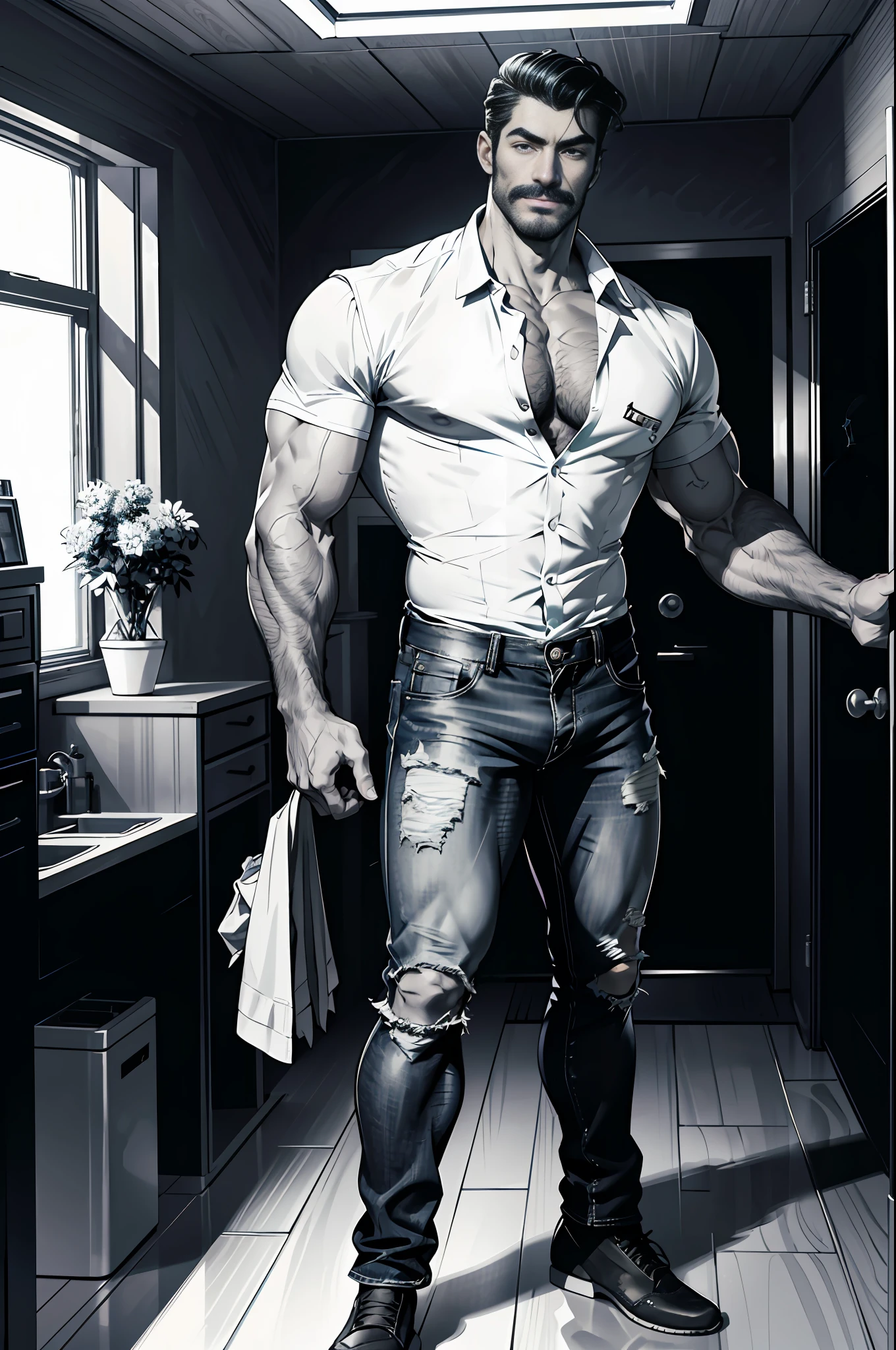(original-art:1.2),(lineart:1.33), 1male, black hair, 1950s greaser, mature masculine muscular, handsome chisled facial features, muscular hairy body, 70s mustache, unbuttoned ripped white shirt, open shirt, taking his shirt off, un-zipped jeans, opened pants, taking his pants off, pubic hair, huge crotch bulge, sexy, hot, jock, erotic, (hyperdefined),(inked-art), hero-angle, masculine stance, erotica, full body shot, cartoon, indoor, dramatic lighting, sidelighting,complex lighting,(full vibrant colors),hatched-texture,(fine-details:1.2),absurdres,flat-colors,ultradetailed, city street,
