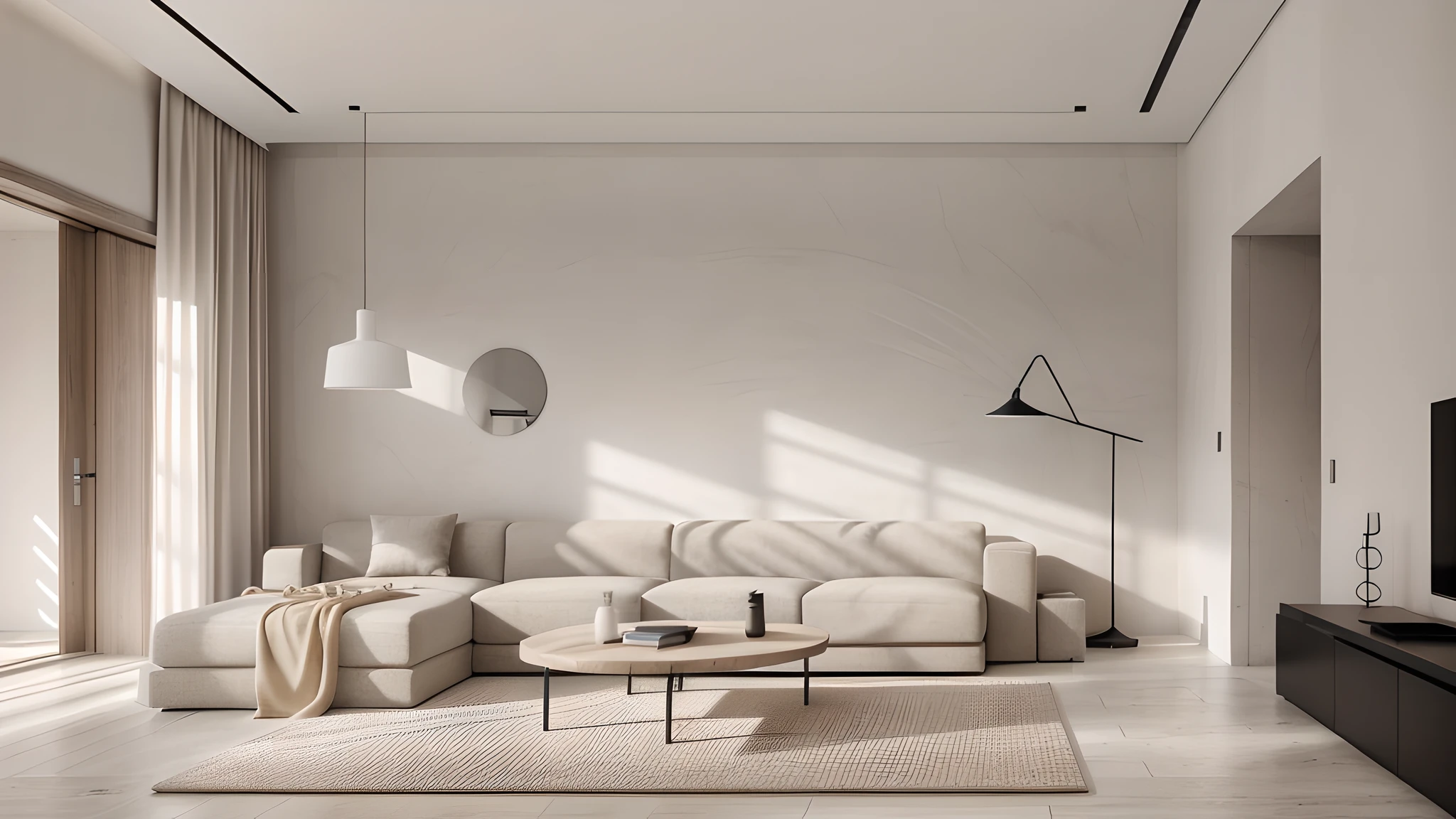 minimalist interior, living room, white walls, skin pores, skin indentation, detailed face, best shadows, best lighting, cinematic lighting, best quality, luminous eyes, ambient warm light, warm tones,