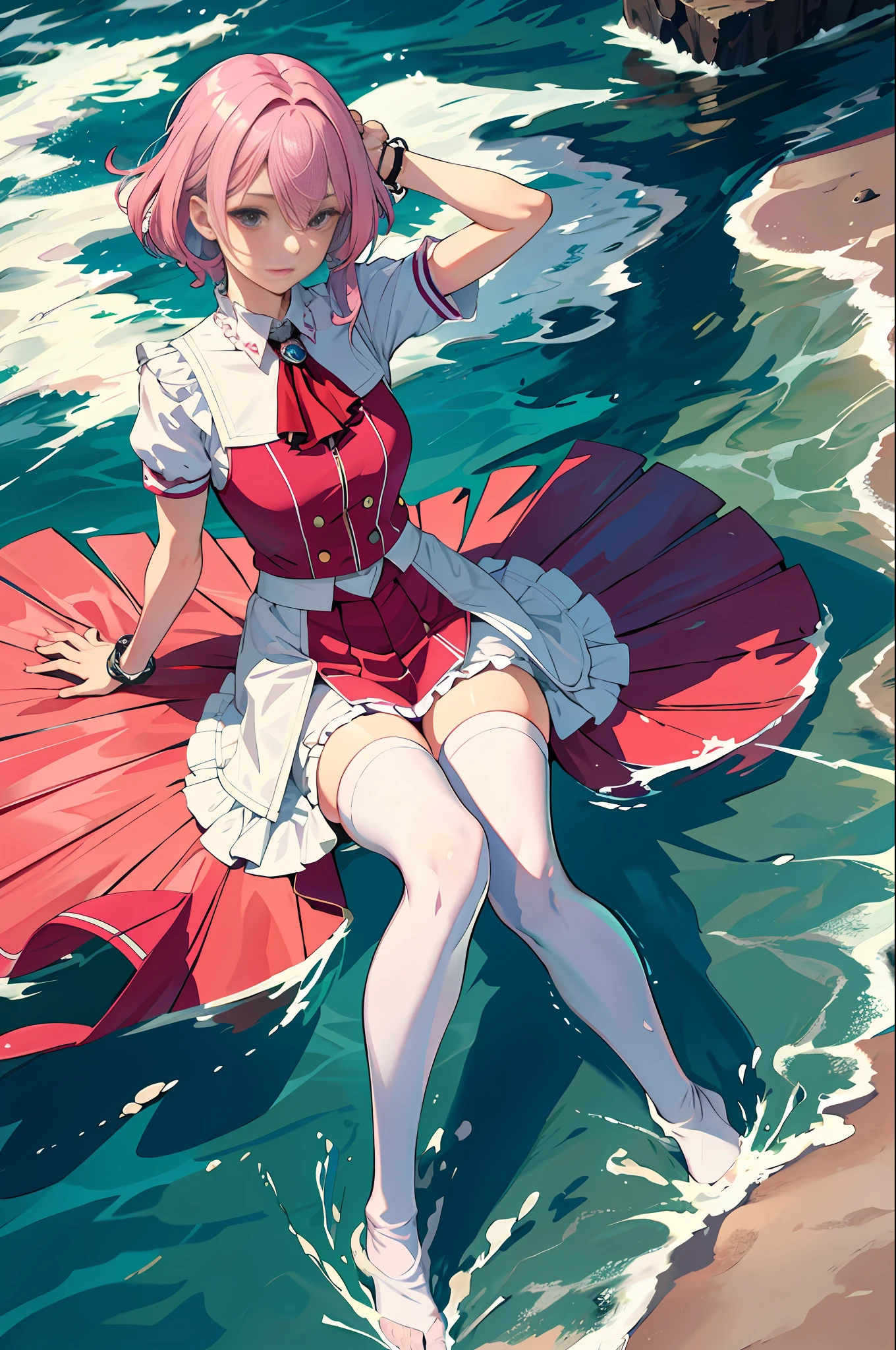 Ace, 4k, high resolution, masterpiece, best quality, model, potential seabed, pretty, pink hair, turn a blind eye, splash, white stockings