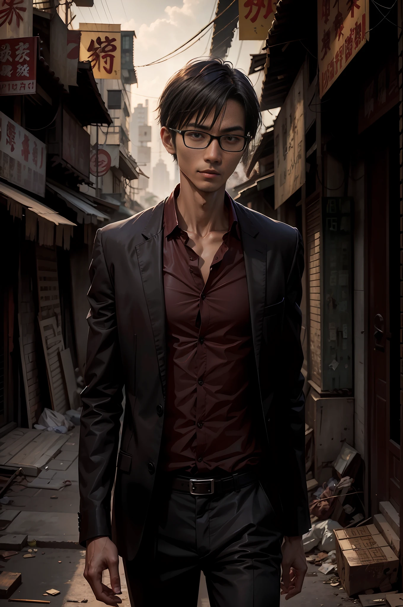 realistic, Asian male, twenty years old, thin figure, very thin body, thin figure, intricate, (radiosity), (highest quality), Kowloon walled city background, Kowloon City, Hong Kong, dark street corner background, gloomy, depressed, dim, Close-up of a rogue-like slightly longer haired male, thin figure, smoking, wearing glasses in a black suit, burgundy shirt, indifference, lazy, casual, smile, casual, smile casual, lazy smile, Oil painting style, digital art oil painting, Steve Henderson style, Digital Expressive Oil Painting, Inspired by Richard Schmid, Stunning Digital Paint, Oil Painting Style, Digital Oil Painting, Henry Asensio, WLOP Painting Style, Pino Dianey Style, Pino Dianey Style