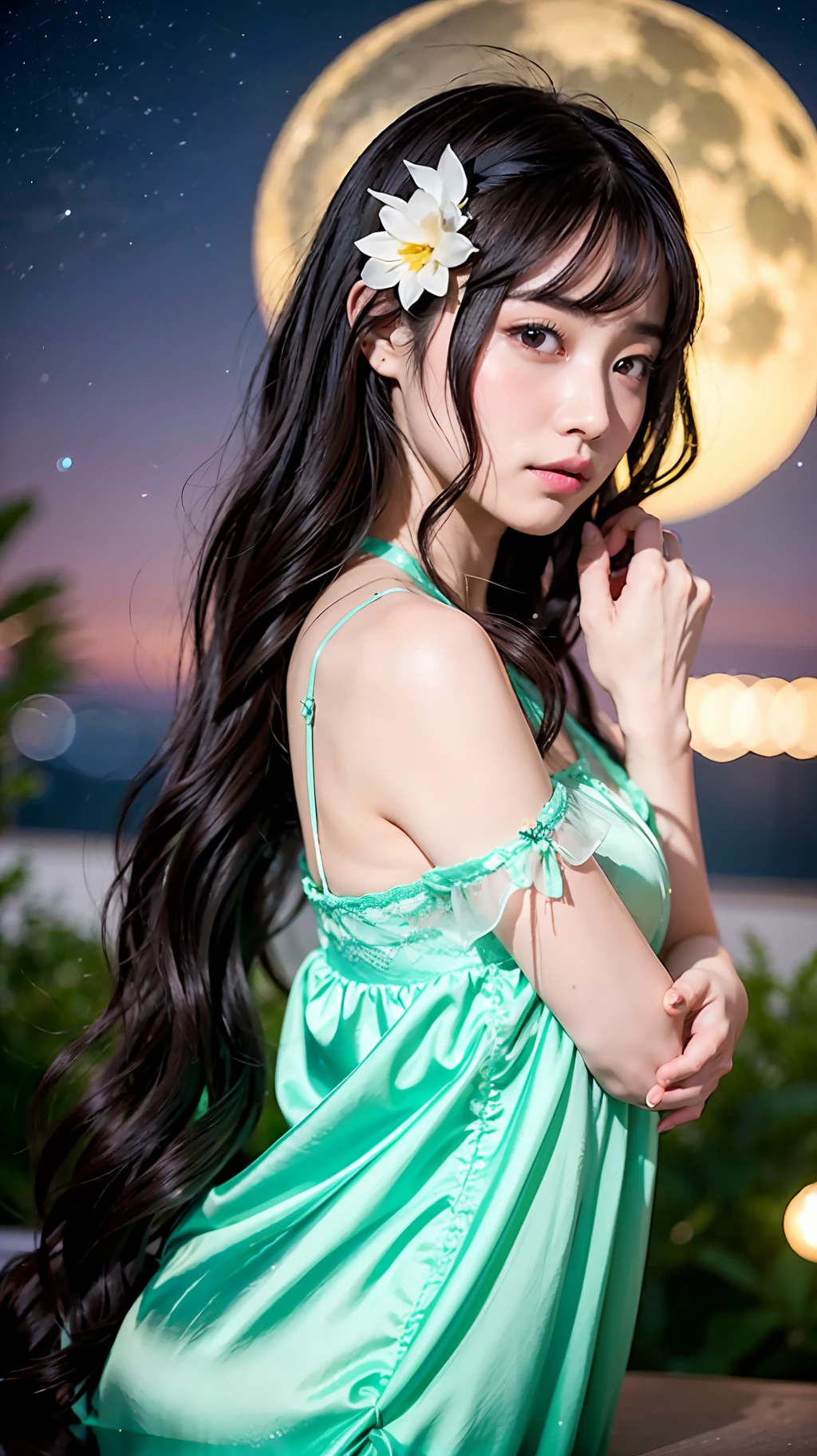 杰作,最高质量,独奏,(完美脸:1.1),(高细节:1.1),戏剧性,动态姿势,1girl,黑发,明亮有神美丽眼睛,独奏,精致有特色的俏脸,长发,弯曲,大腿,纤细高挑身材,粉嫩嘴唇,The Chinese cartoon goddess is depicted in a flowing nightdress, her long hair cascading down her back. She leans against the windowsill, her delicate hand resting on the frame as she gazes out at the night sky. The moon is full and bright, casting a soft glow over the scene. The goddess’s expression is one of serenity and contemplation as she takes in the beauty of the night. The scene is peaceful and serene, with the goddess appearing to be lost in thought as she watches the moon.