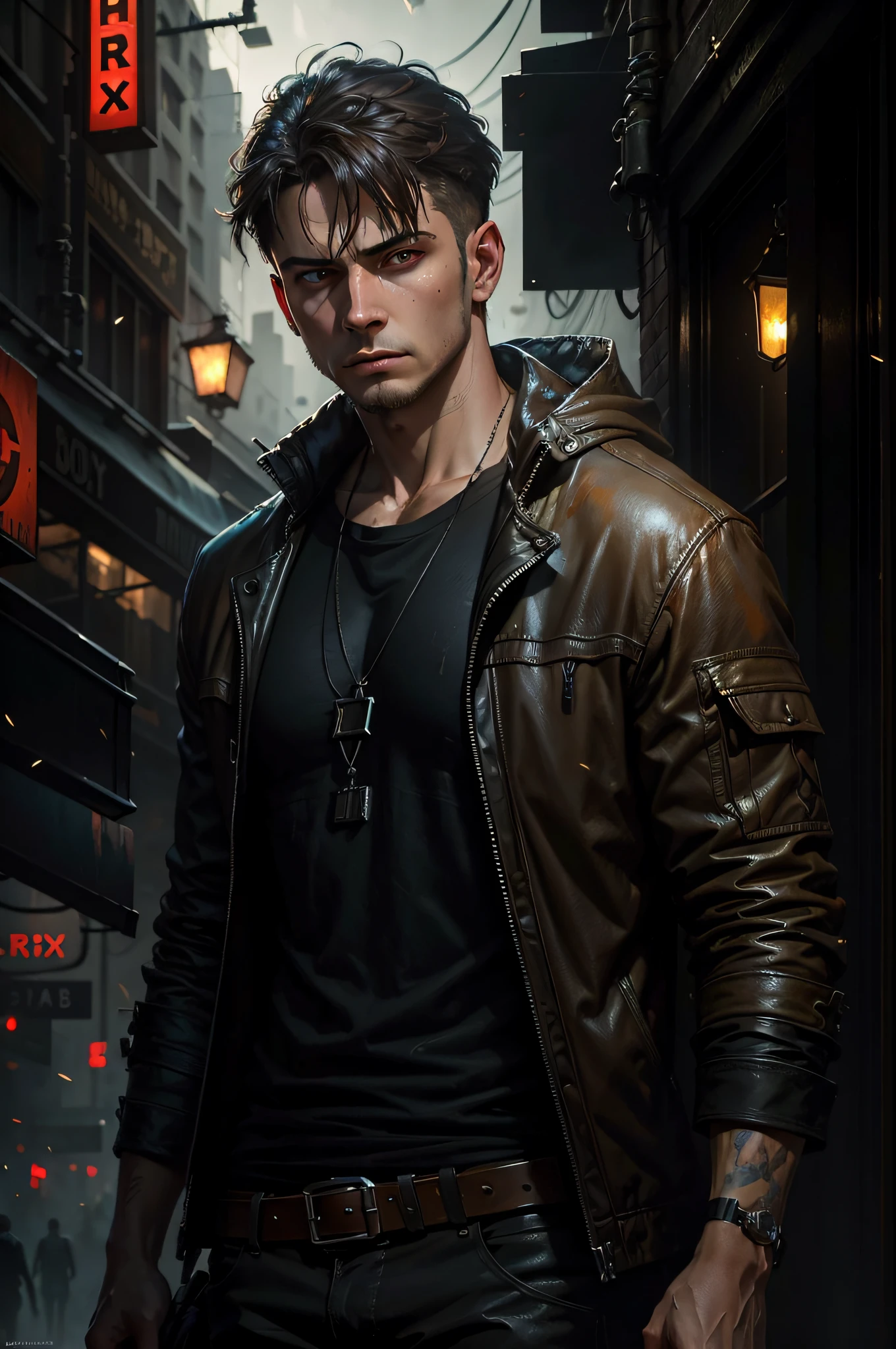 Jeremy Mann, realistic, male, (color), post-production, intricate, (radiosity), dark red eyes, (highest quality), neon city background, gloomy, depressed, dim, A close-up of a somewhat vicissitudes of a male with a deep expression, deep eyes, serious, fireflies, oil painting style, digital art oil painting, Steve Henderson style, digital expressive oil painting, inspired by Richard Schmid, stunning digital paint, oil painting style, digital oil painting, Henry Asensio, WLOP painting style, Pinault Dyney style, Pinault Dyney style