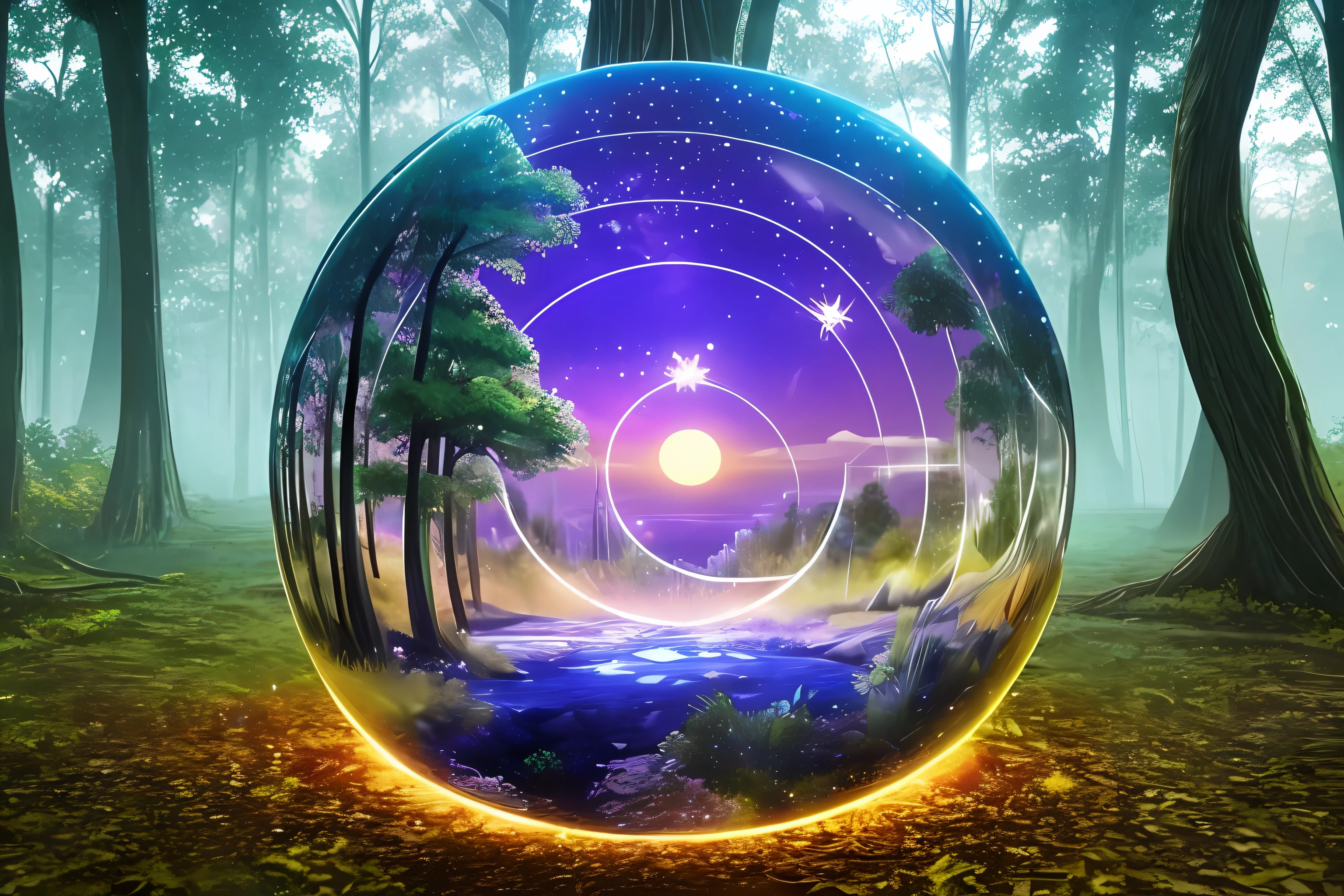 There is a crystal ball in the forest, ethereal starlight city at sunset, fantasy planet, 3D rendering of Bippul, inspired by Philip Hoddas, in the art style of Philip Hodass, planetscape, inspired by Bipple, epic dreamy fantasy landscape, inspired by Mike "Bipple" Winckelman --auto --s2