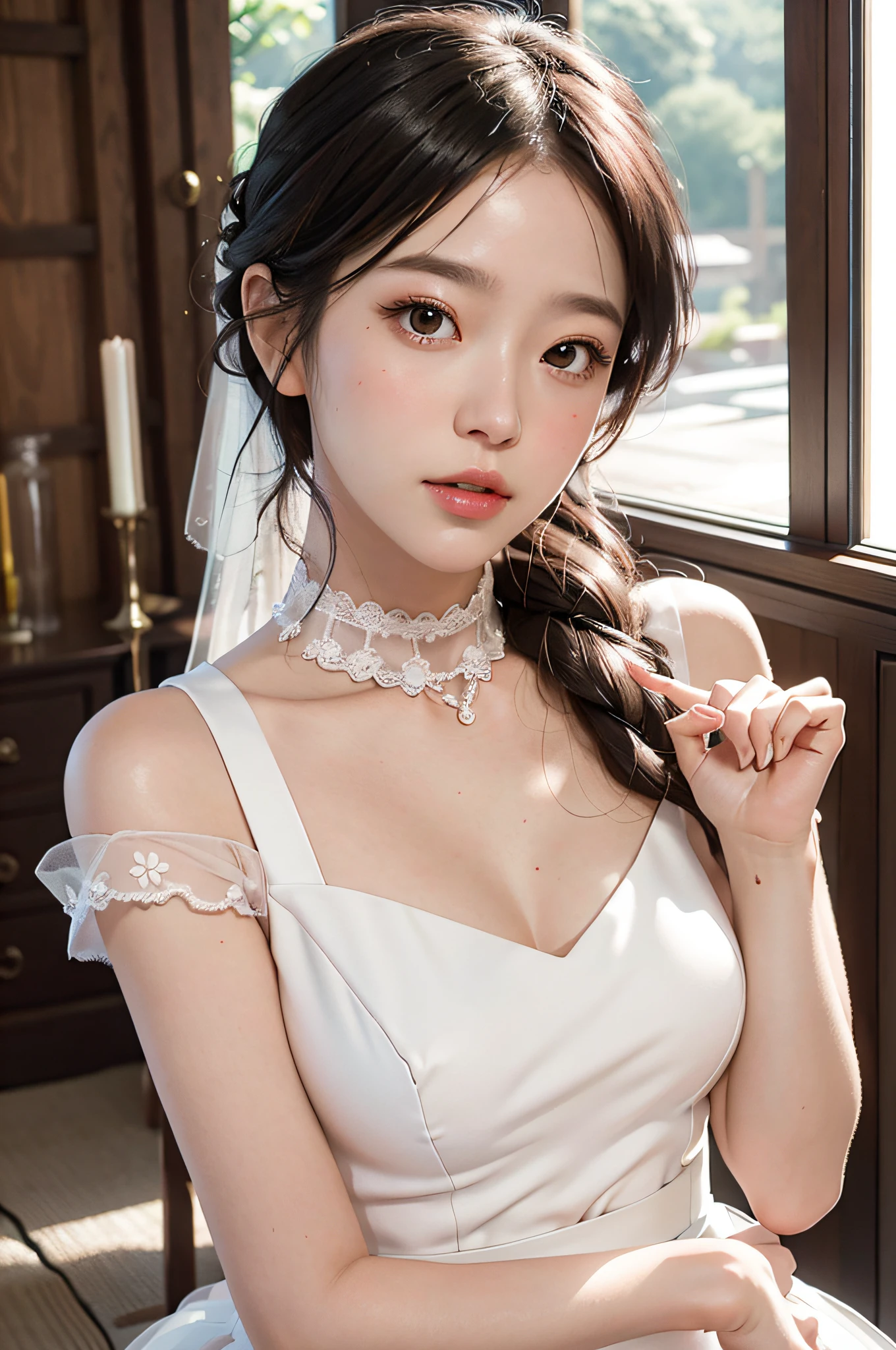 (eyelashes:0.6),light pink wedding dress,white mini skirt,(sweat:0.7),woman,japanese,cute face, beautiful face,bare shoulders,shoulders all exposed,translucent skin,black eyes,black hair,(photorealistic:1.4),realistic details, high resolution,bokeh,outstanding details