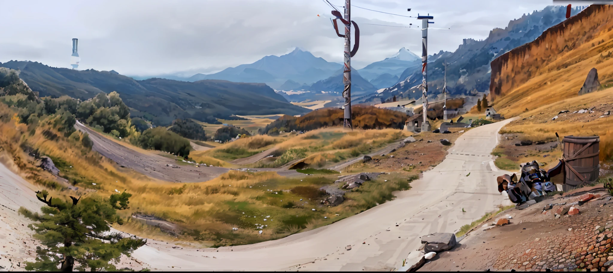 there is a view of a small road in the mountains, panorama distant view, panorama view, hills in the background, with mountains in the distance, 8 k. filling of the view, panoramic shot, panorama shot, panoramic view, moutain in background, wide angle landscape shot, landscape view, 8 k. filling most of the view, village in the background
