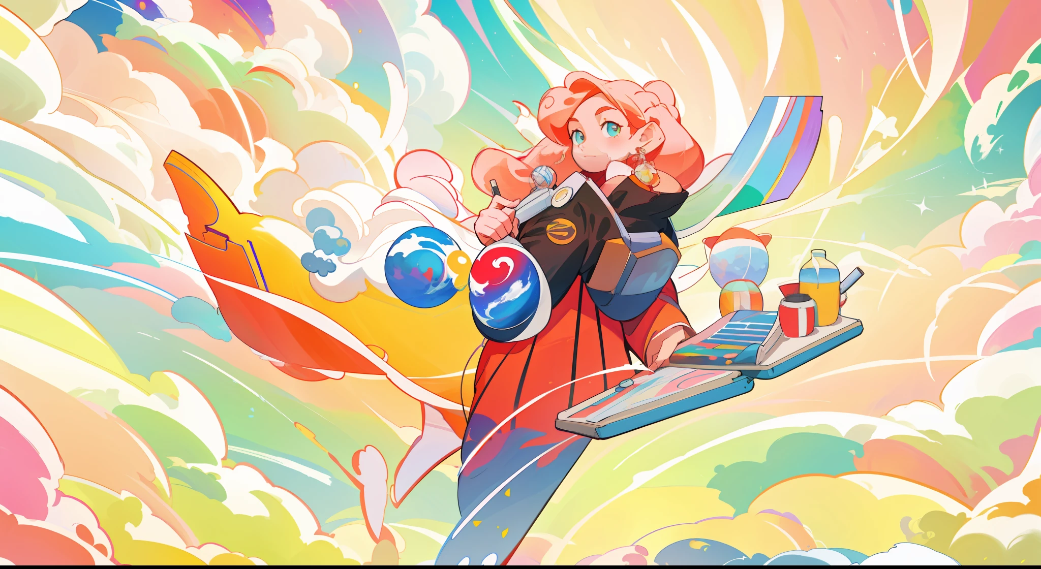 Game promotional poster, a huge planet, sweeping around energy, beautiful colors, master composition, beautiful colors, circular swirls, beautiful colors, exquisite composition, with drawing board, technology, future