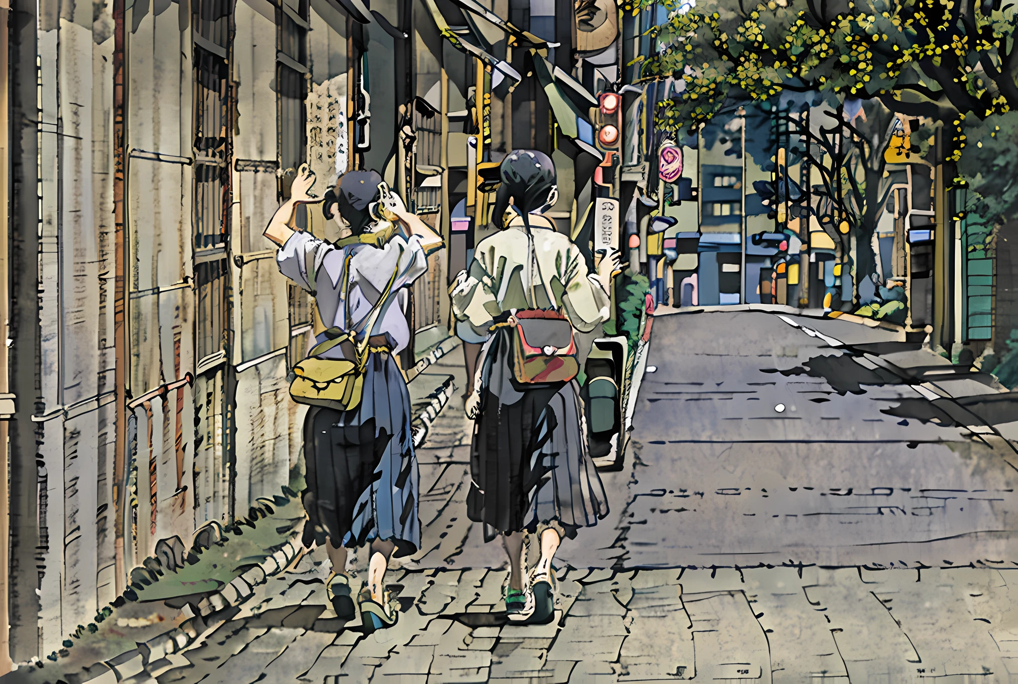 two women walking down a street in a city with a purse, wearing hakama, in city street, in a tokyo street, travelers walking the streets, walking away from the camera, in the streets of tokyo, clothed in ancient street wear, japanese city street fashion, in the street, on a street, dressed with long fluent clothes, in tokio
