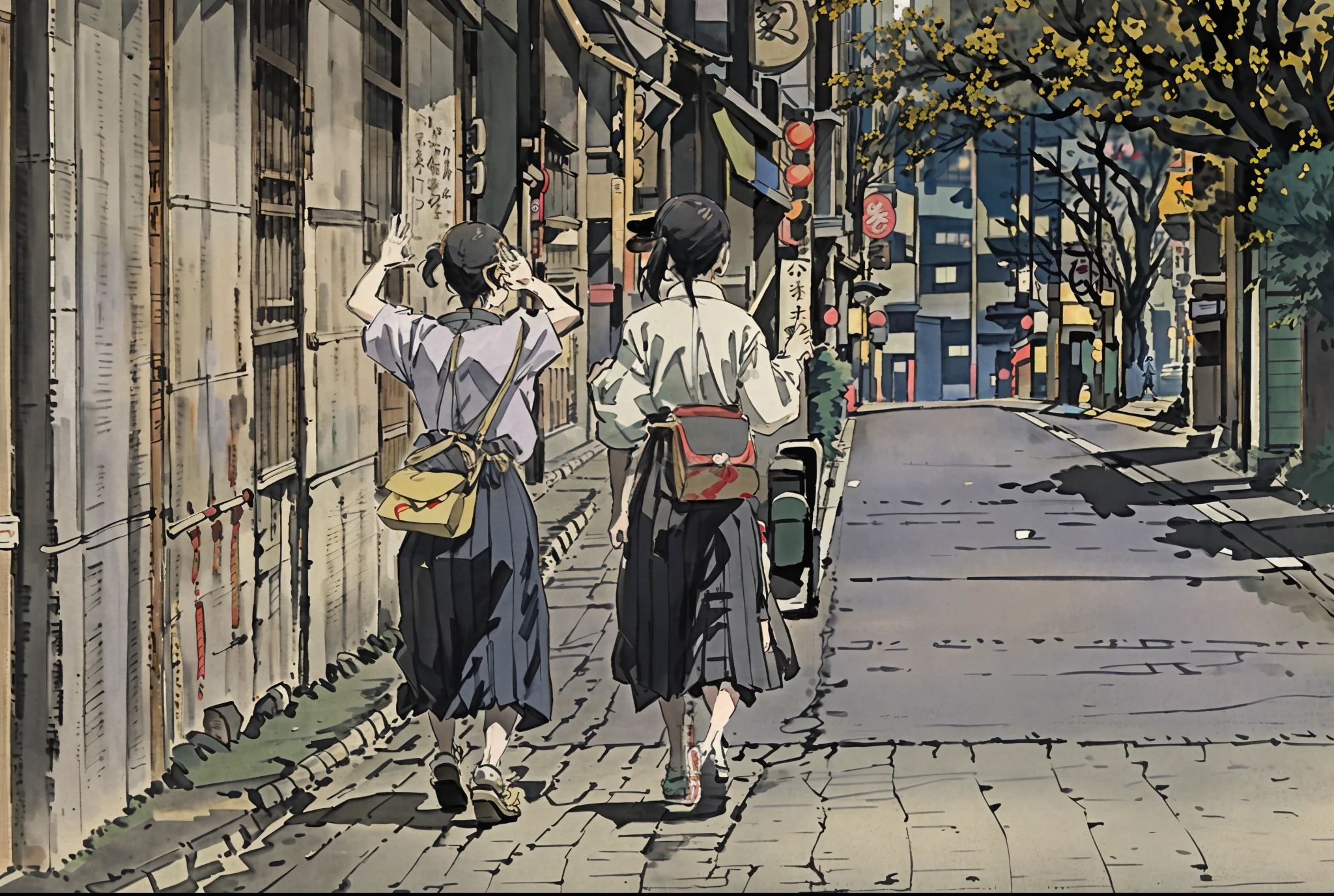 two women walking down a street in a city with a purse, wearing hakama, in city street, in a tokyo street, travelers walking the streets, walking away from the camera, in the streets of tokyo, clothed in ancient street wear, japanese city street fashion, in the street, on a street, dressed with long fluent clothes, in tokio