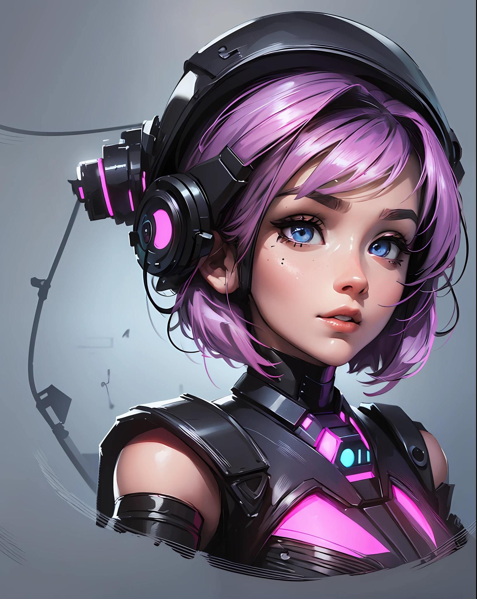 Mid body portrait, detailed portrait of a girl wearing a black plugsuit, pink hair, (neck tatoos:1.2), wearing a black beanie, short hair, dynamic pose, steampunk background, masterpiece, best quality, beautiful girl, looking at the camera, blue eyes, gleaming eyes, robotic plugsuit, intricate details, intricate, robotic parts, small breast, skin dentation