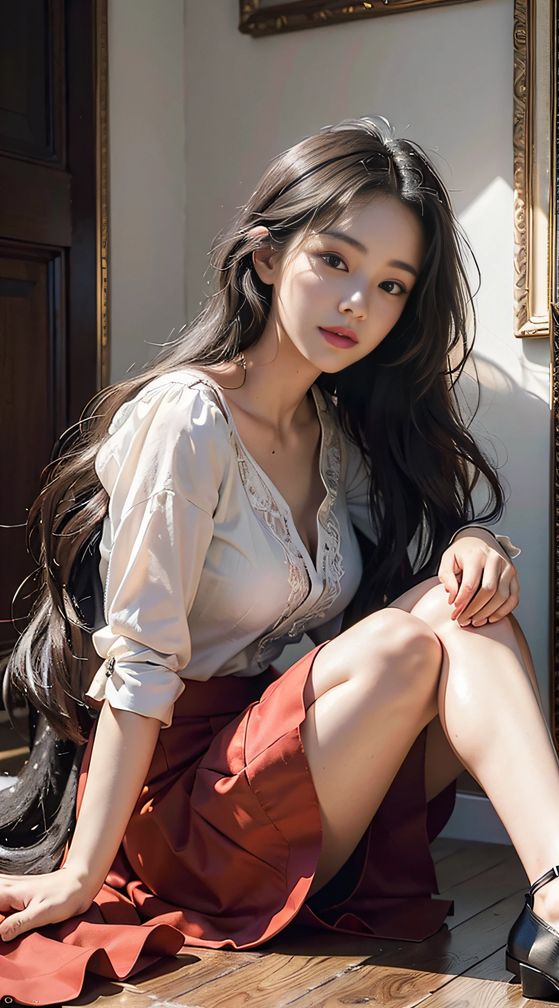 +(((masterpiece))), best quality, ultra-detailed, extremely detailed CG unity 8k wallpaper,best illustration, an extremely delicate and beautiful,floating,high resolution, close up portrait, full body, exquisite facial features, prefect face, 1girl, ((black long hair:1.2)),  sitting, ((red skirt)), full body, indoor, light smile