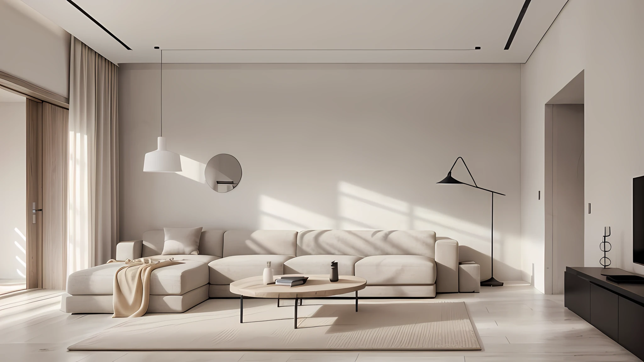 minimalist interior, living room, white walls, skin pores, skin indentation, detailed face, best shadows, best lighting, cinematic lighting, best quality, luminous eyes, ambient warm light, warm tones,