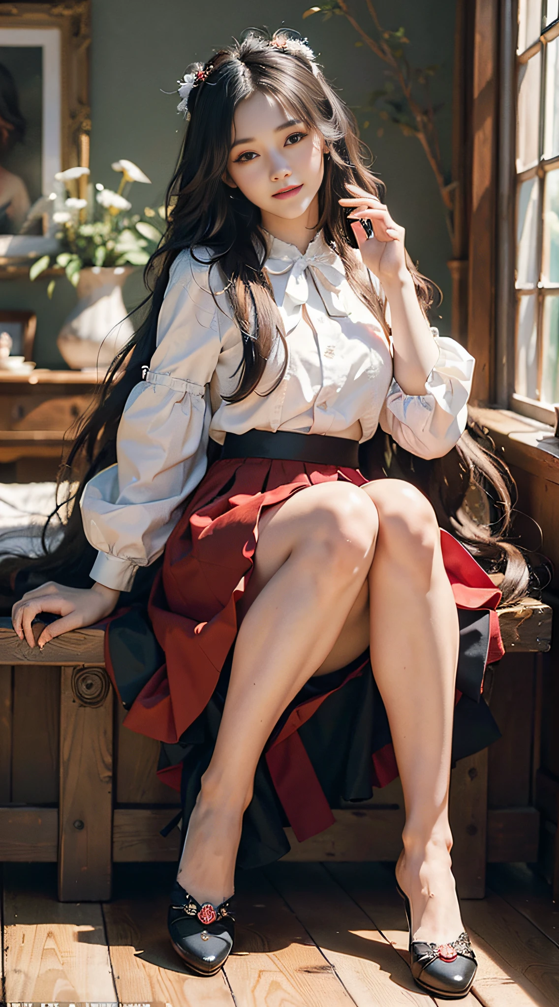 +(((masterpiece))), best quality, ultra-detailed, extremely detailed CG unity 8k wallpaper,best illustration, an extremely delicate and beautiful,floating,high resolution, close up portrait, full body, exquisite facial features, prefect face, 1girl, ((black long hair:1.2)), sitting, ((red skirt)), full body, indoor, light smile