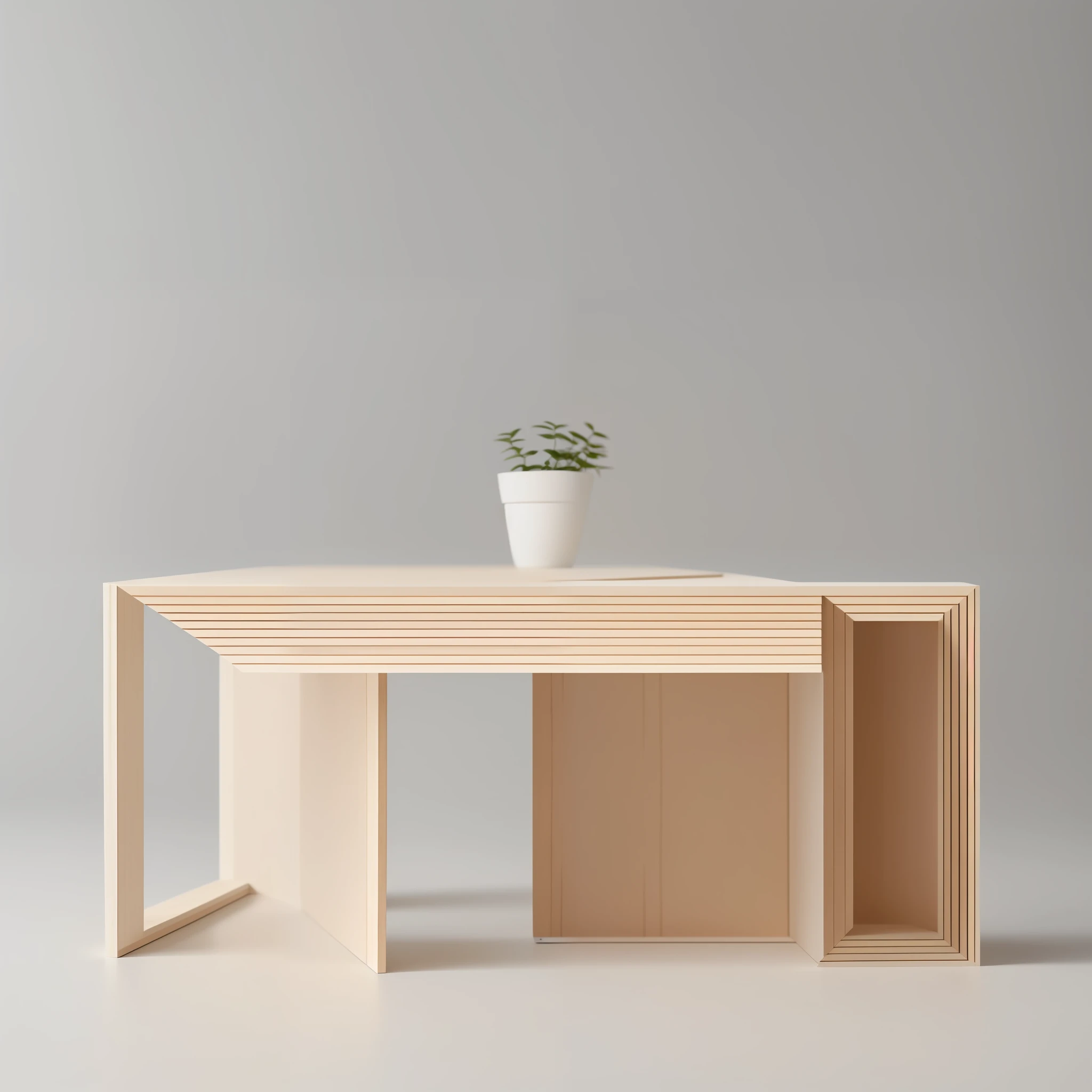 (Top Quality, 8k, Masterpiece: 1.3, Minimalistic, Studio Photo Setting, Unique Wooden Furniture, Carpentry Inspired Furniture, White Background: Flat, No Wrinkles, No Shadows, Artwork: Central, Horizontal, Distance and Angle Adjustment, Lighting: Uniform, Accurate, No Overexposure or Reflection, Camera: Low ISO, F8-F11 Aperture, 1/60-1/125 Shutter Speed, Automatic or white balance, very minimal and simple settings. With a minimalist style, it often surprises and delights viewers. We believe that it makes every day very interesting and enriching. That is why designs that evoke these emotions observe everyday objects and situations with curious and fresh eyes, trying to find new ways to reinterpret or reinforce them. Using the technique called V cut on wooden board, find a way for new vcut technology