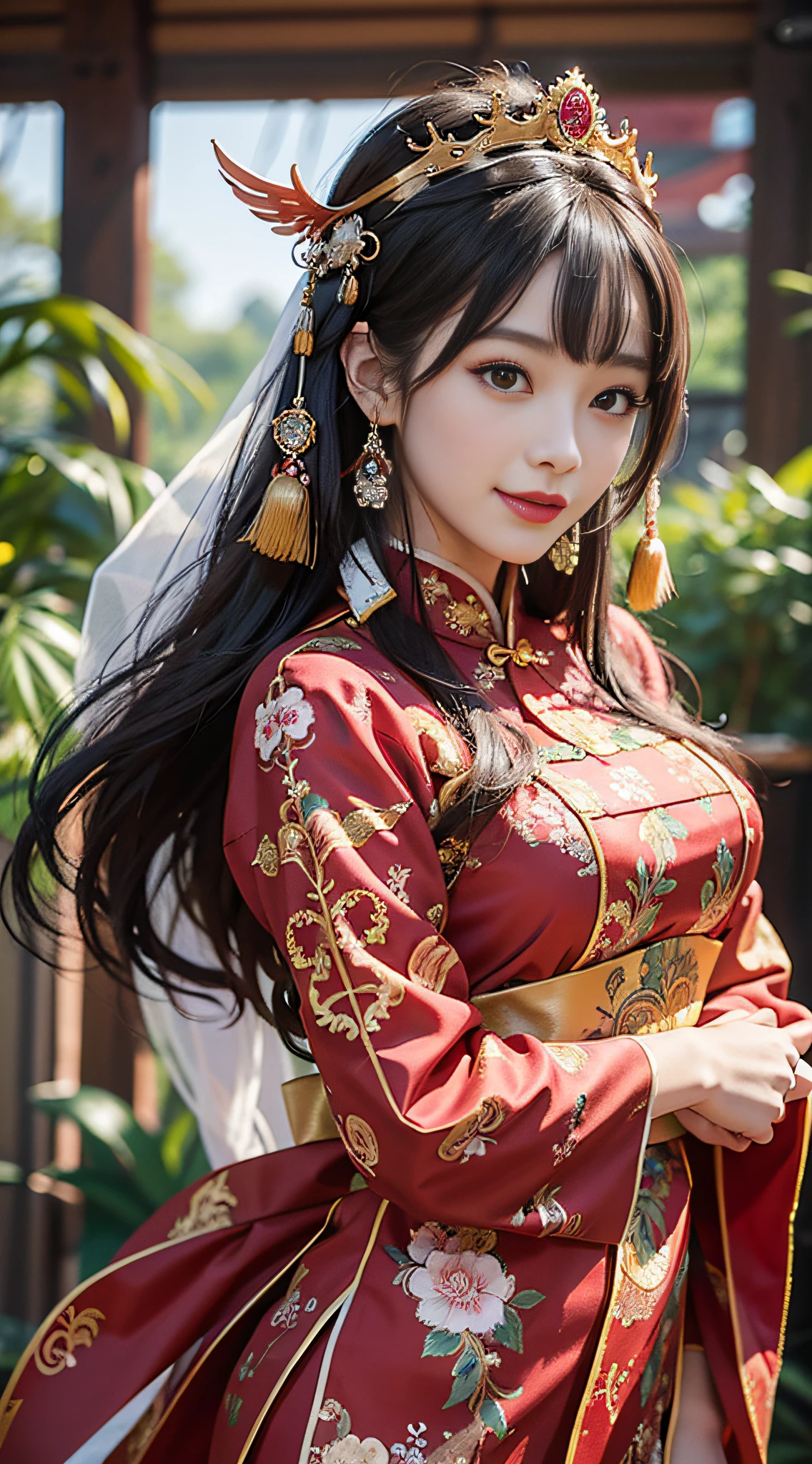 8k, RAW Photo, Best Quality,Beautiful Costume, antique bride with Chinese red Dress, Complex Costume, Traditional Beauty, Gorgeous Chinese Model, Chinese Costume,Wearing Phoenix Crown, Smile,Chinese ancient elements