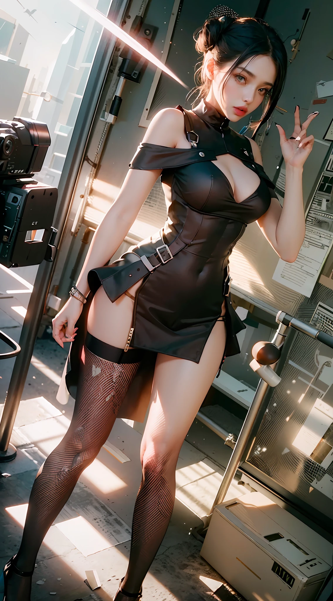 ((Best Quality)), ((Masterpiece)), (Details: 1.4), 3D, A Beautiful Modern Beauty, Extremely Normal Body Proportions, (Black Gauze Dress: 1.9), (One Bun: 1.7), (Black Stockings Legs: 1.2) (High Heels: 1.5), Manicure, HDR (High Dynamic Range), Ray Tracing, NVIDIA RTX, Super-Resolution, Unreal 5, Subsurface Scattering, PBR Textures, Post-processing, anisotropic filtering, depth of field, maximum sharpness and sharpness, multi-layer textures, albedo and highlight mapping, surface shading, accurate simulation of light-material interactions, perfect proportions, Octane Render, two-color light, large aperture, low ISO, white balance, rule of thirds, 8K RAW,