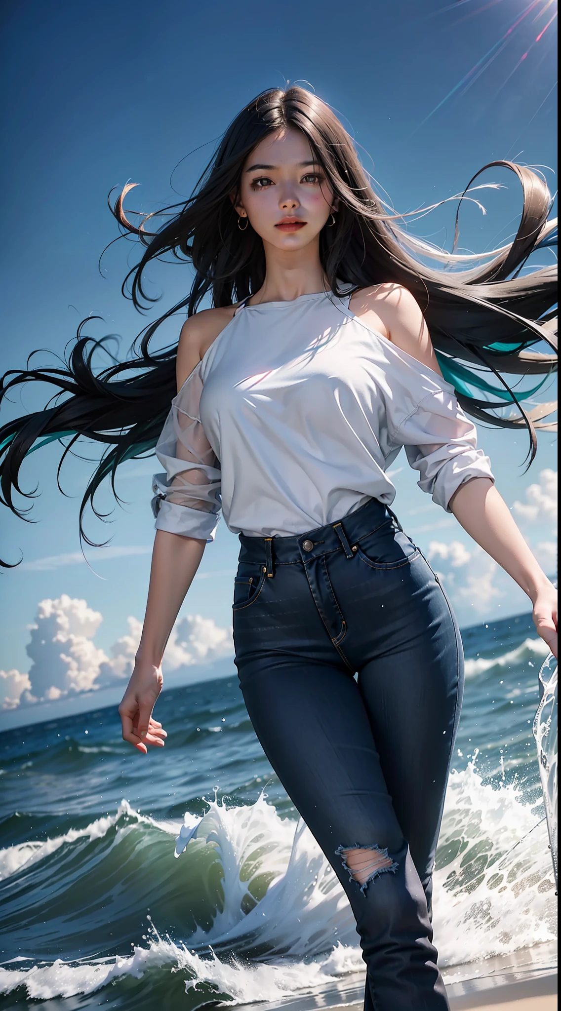 1girl, black hair, long hair, straight hair, dynamic angle, sea, foreground, jeans, light trace, (floating colorful wind: 1)
(Photorealistic:1.4), Official Art, Unity 8K Wallpaper, Ultra Detailed, Beautiful and Aesthetic, Masterpiece,Best Quality, Glowing Skin, Cinematic Lighting, Light Smile