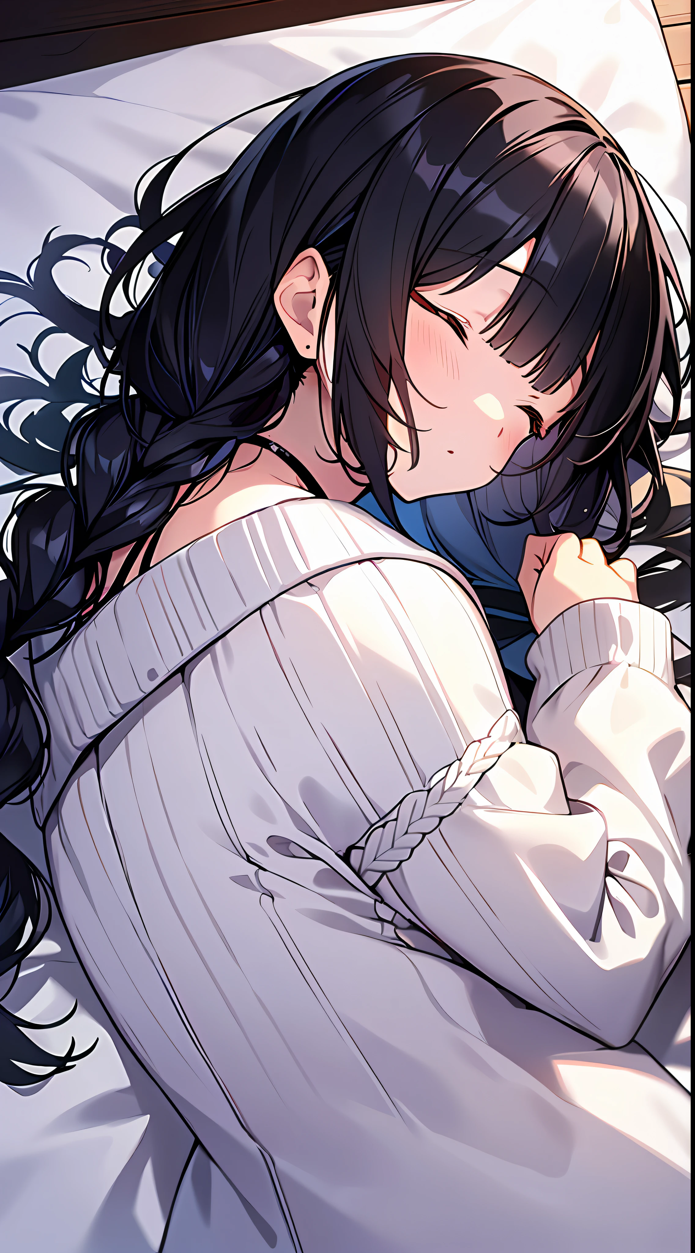 Top Quality, Masterpiece, Ultra High Resolution, 8k, White Sweater, Anime Style Little li, Single, Ultra Detailed Line Art, Digital Enhancement, Anime Core, Flowing Fabric, Close Up, Hair Length to Shoulder and Short Braid, Bedroom Comforter, Soft Drawing, Beautiful Black Hair, Looks Really Weak, Sleeping, Landscape