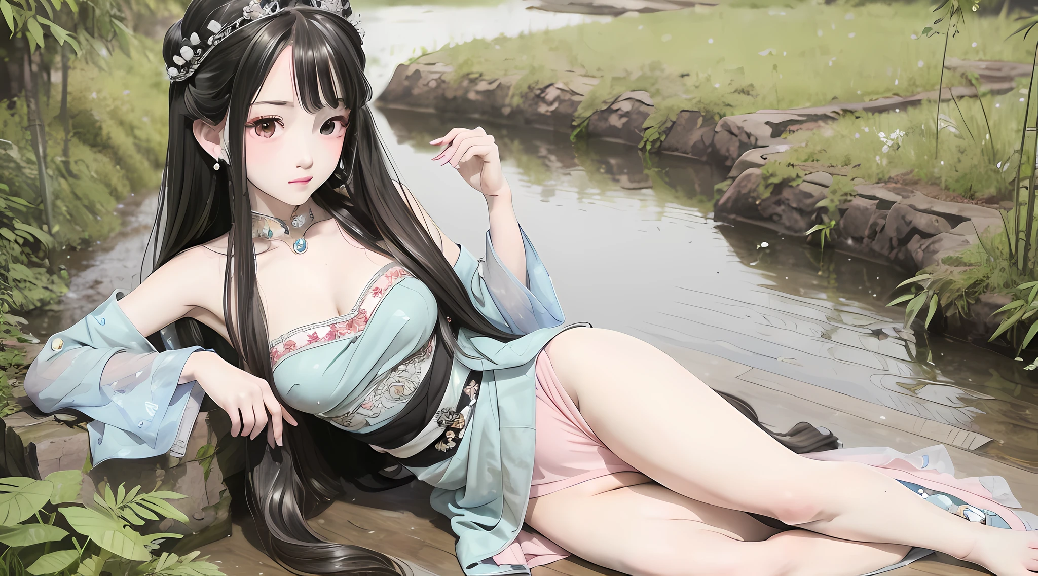 Masterpiece, best quality, official art, 8k wallpaper, very detailed, illustration, 1 girl, black hair, short hair, beautiful tiara, detailed eyes, Forrest, bare shoulders, hanfu, lake, pure, soft smile, bamboo, full body photo